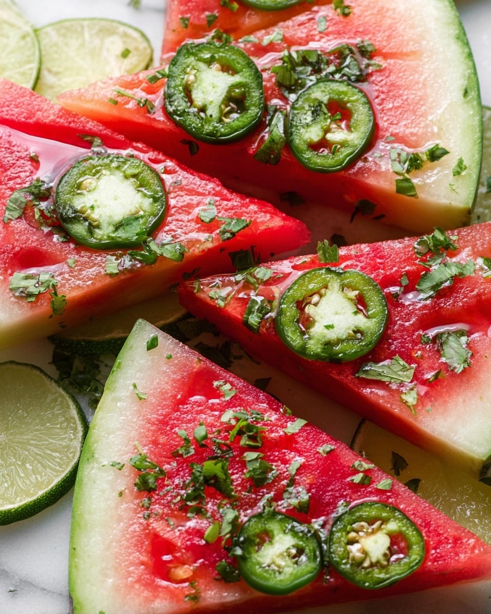 The image shows several triangular watermelon slices layered closely together, each slice featuring three main layers: a dark green rind on the outer edge, a pale green inner rind just inside, and a bright red juicy flesh taking up most of the triangle. The watermelon slices are topped with thinly sliced green jalapeños and finely chopped fresh green herbs scattered evenly across the top. The slices appear shiny with a light coating of liquid, highlighting the fresh and moist texture. In the background, there are thinly sliced lime wedges and more jalapeño slices on a white marbled surface. photo taken with an iphone --ar 4:5 --v 7