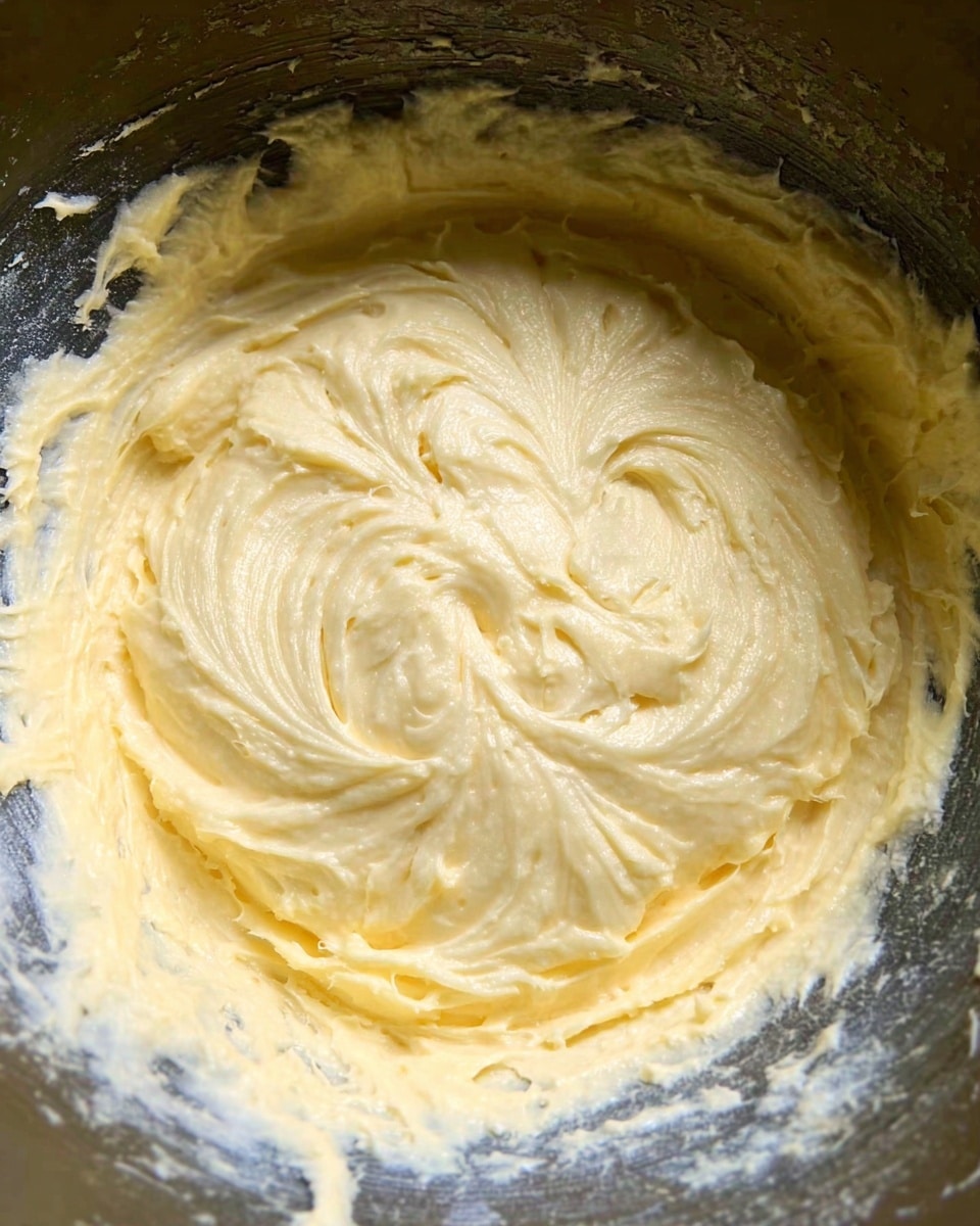 The image shows a close-up of a thick, creamy mixture with a pale yellow color and a smooth, slightly glossy texture. It is spread unevenly inside a deep bowl with dark, worn sides. The mixture fills the center, with some lighter ridges and swirls showing the movement of stirring. The background is not visible, with the focus fully on the mixture inside the bowl. photo taken with an iphone --ar 4:5 --v 7