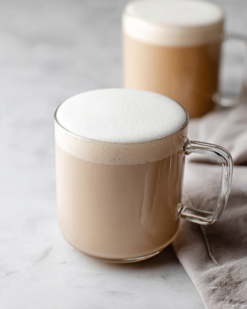 A clear glass cup with a handle is filled with a layered drink showing a light brown coffee layer at the bottom and topped with a thick, white layer of foam that looks soft and creamy, all placed on a white marbled surface. photo taken with an iphone --ar 4:5 --v 7
