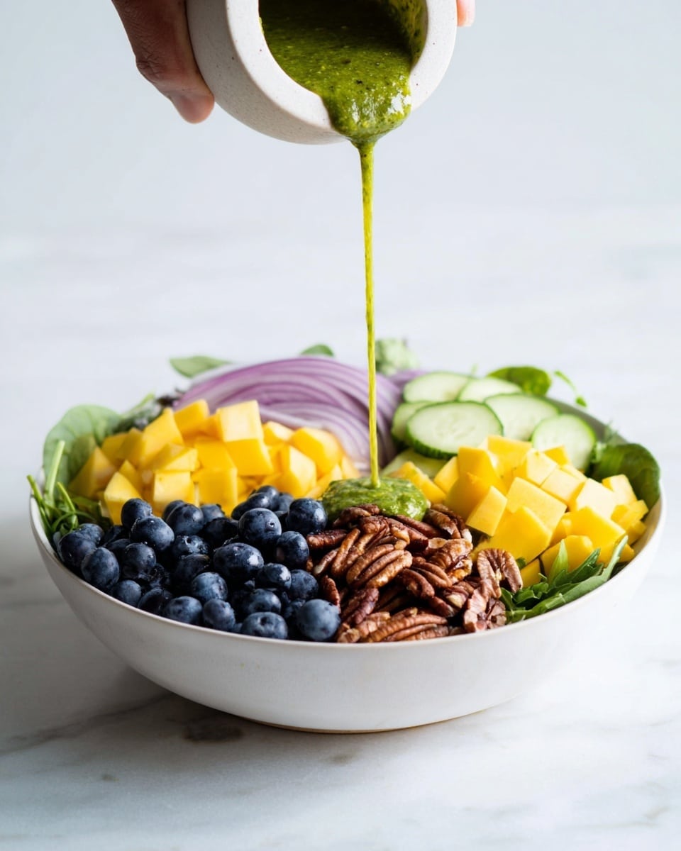 A white bowl holds a colorful salad with five main sections: deep blue blueberries on the left, bright yellow mango cubes in the front, pale green cucumber slices on the right, thin striped light purple onion slices at the back, and shiny brown pecans in the center. The base layer is dark green leafy spinach. Above the salad, a white mortar is tilted, dripping a thick green sauce onto the pecans. A woman's hand holds the mortar from above. The background and surface are white with a soft marbled texture. photo taken with an iphone --ar 4:5 --v 7
