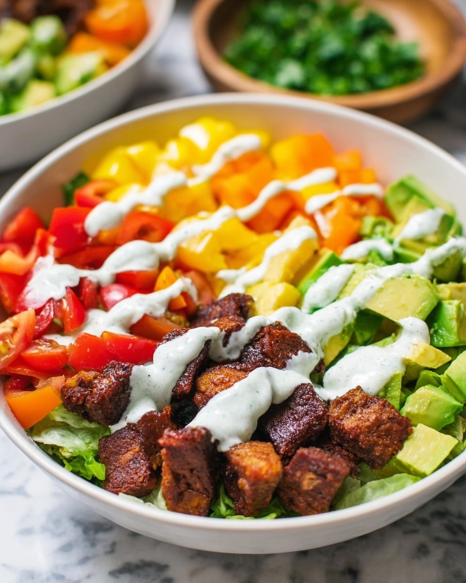 A white bowl holds a colorful layered salad on a white marbled texture surface, with the bottom layer made of green lettuce leaves. On top of the lettuce, there are yellow bell pepper pieces, orange bell pepper pieces, halved red cherry tomatoes, and green avocado chunks arranged in separate sections. On one side of the bowl, there are dark brown, crispy tempeh chunks. A creamy white dressing with small dark specks is drizzled in three lines across the ingredients. In the background, there are blurry bowls filled with chopped green herbs and other ingredients. photo taken with an iphone --ar 4:5 --v 7
