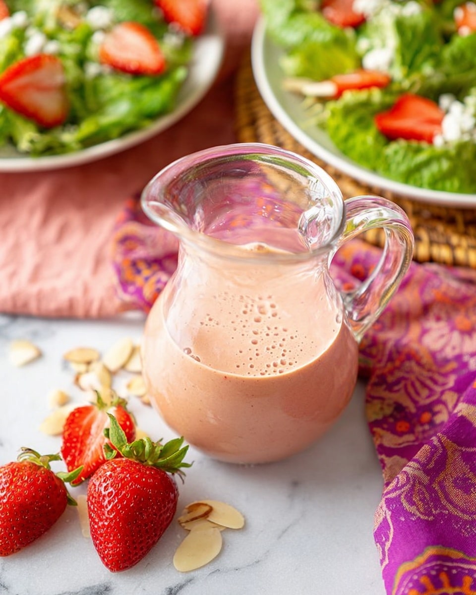A clear glass pitcher filled with smooth, creamy light pink dressing with small bubbles on the surface stands in the center on a white marbled texture. Around the pitcher are halved and whole bright red strawberries with green leaves and some thin beige almond slices scattered nearby. In the background, two white plates hold fresh green lettuce leaves topped with small white cheese crumbles and red strawberries, all placed on a woven mat partially covered by a pink cloth with purple patterns. photo taken with an iphone --ar 4:5 --v 7