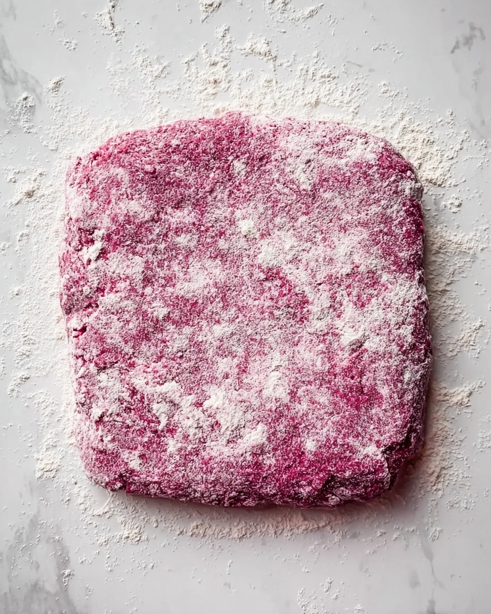 The image shows a rough square-shaped dough placed flat on a white marbled surface. The dough is a bright reddish-purple color mixed with white flour dusted all over, creating a textured, slightly uneven surface with small lumps. There are no other items or layers visible in the frame, just the single layer of dough resting on the surface. photo taken with an iphone --ar 4:5 --v 7