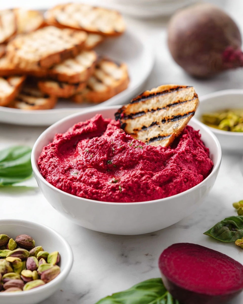 A white bowl filled with bright red, thick beet dip that has a slightly rough texture, with a single piece of grilled bread showing dark brown grill lines partially dipped inside. Behind it, there are more pieces of grilled bread stacked on a white plate. To the right, there is a whole beet cut in half showing its deep red inside on a white plate. Around the main bowl, there are small white bowls with brown pistachios and fresh green basil leaves, all placed on a white marbled surface. Photo taken with an iphone --ar 4:5 --v 7