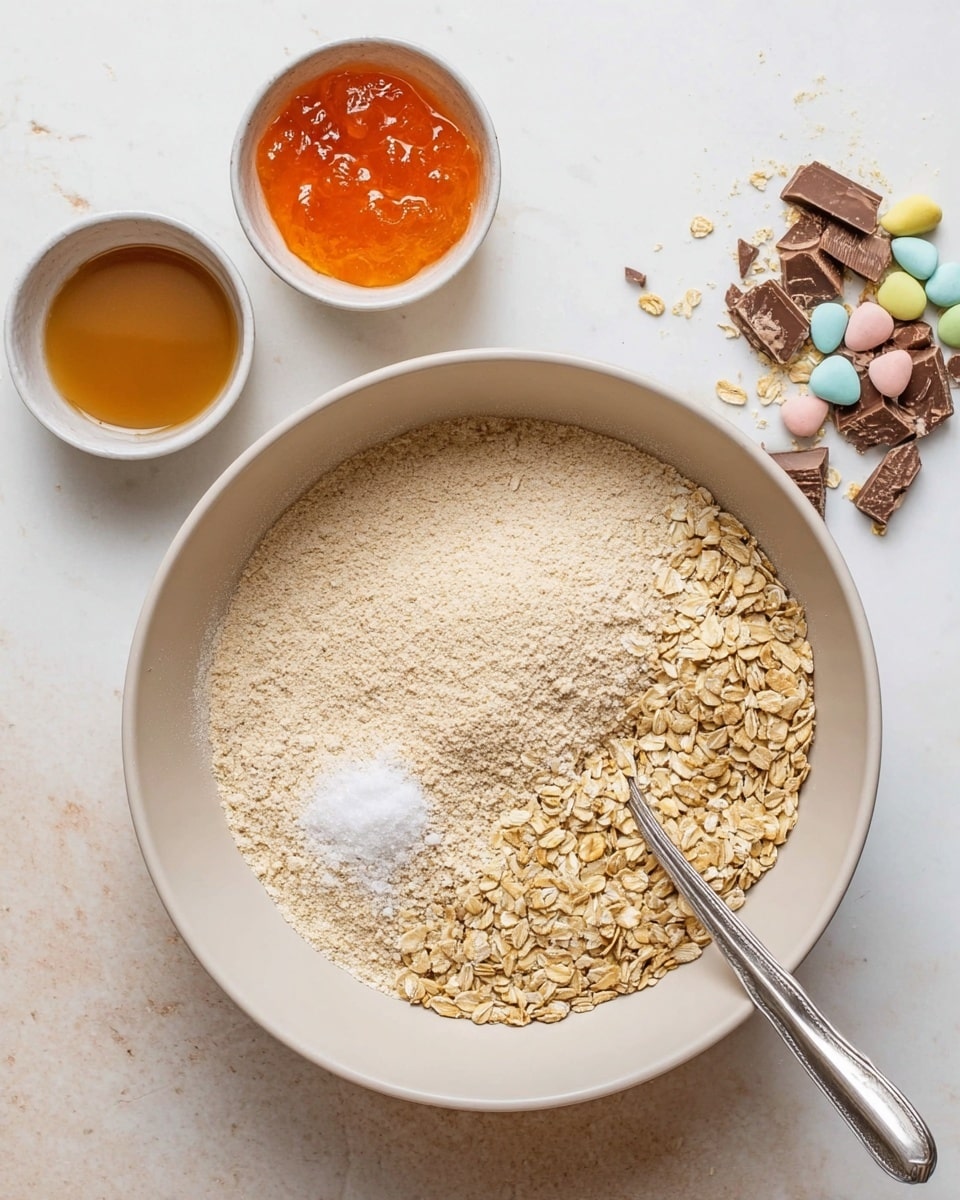 A large white bowl filled with dry ingredients including a light beige powder covering most of the bowl, rolled oats clustered on one side, and a small spot of white granules near the oats. A silver spoon rests inside the bowl, with its handle pointing toward the front. Surrounding the bowl on a white marbled surface are three small bowls: one with an orange jelly-like substance, another with a smooth brown sauce, and the last with broken pieces of chocolate candy and pastel-colored candy shells. Photo taken with an iphone --ar 4:5 --v 7