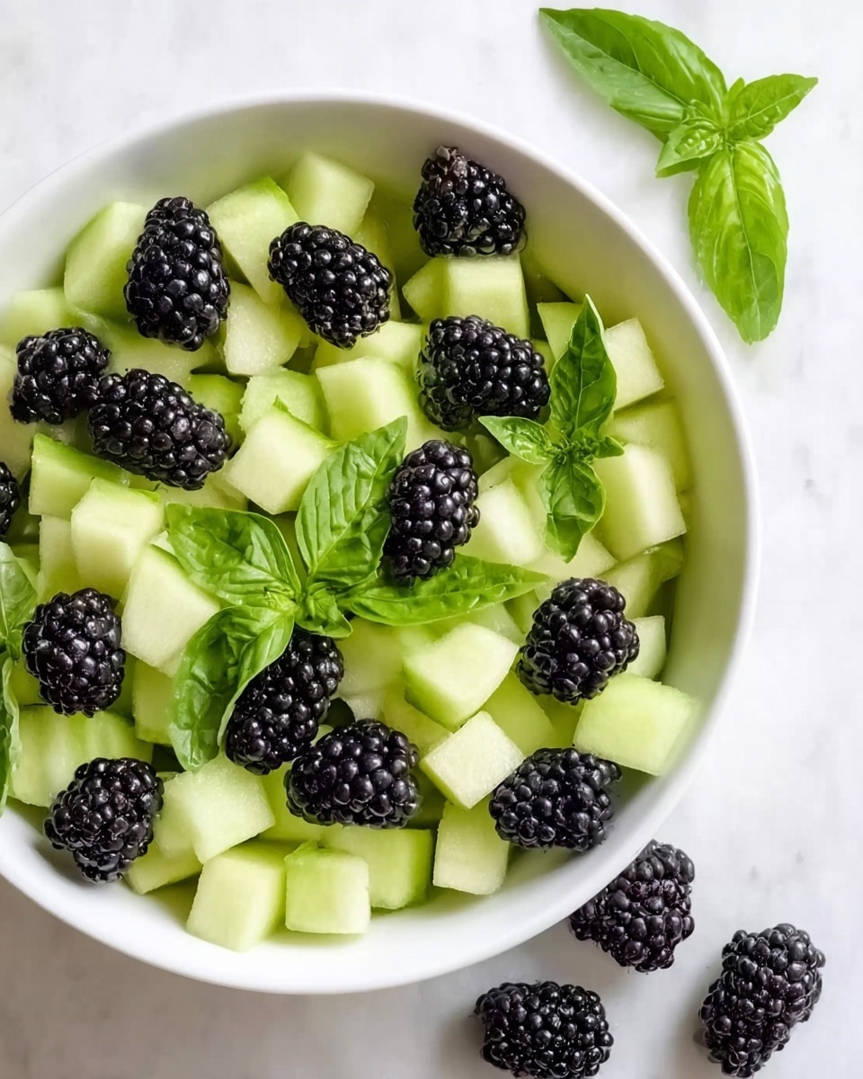 A white bowl filled with two main layers: the bottom layer has light green melon pieces that are cut into small cubes with smooth edges, and the top layer includes whole blackberries scattered evenly across the melon, along with fresh bright green basil leaves placed around and on top. The bowl sits on a white marbled surface, and there are three blackberries placed next to the bowl on the surface. Photo taken with an iphone --ar 4:5 --v 7