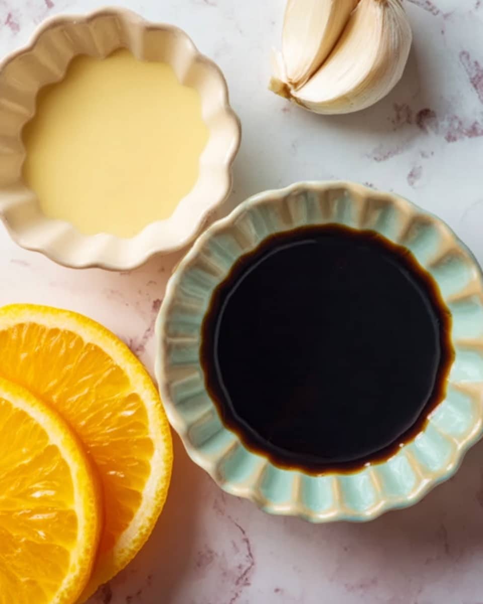 The image shows three small white scalloped bowls arranged closely on a white marbled surface. The top bowl contains a pale yellow smooth sauce or liquid. The right bowl is filled with a dark, thick liquid that looks like soy sauce. The bottom left corner of the image shows part of a round, bright orange fruit, and below the bowls, there is a light beige garlic clove. The colors are soft and natural, with a contrast between the dark sauce and the bright fruit. photo taken with an iphone --ar 4:5 --v 7