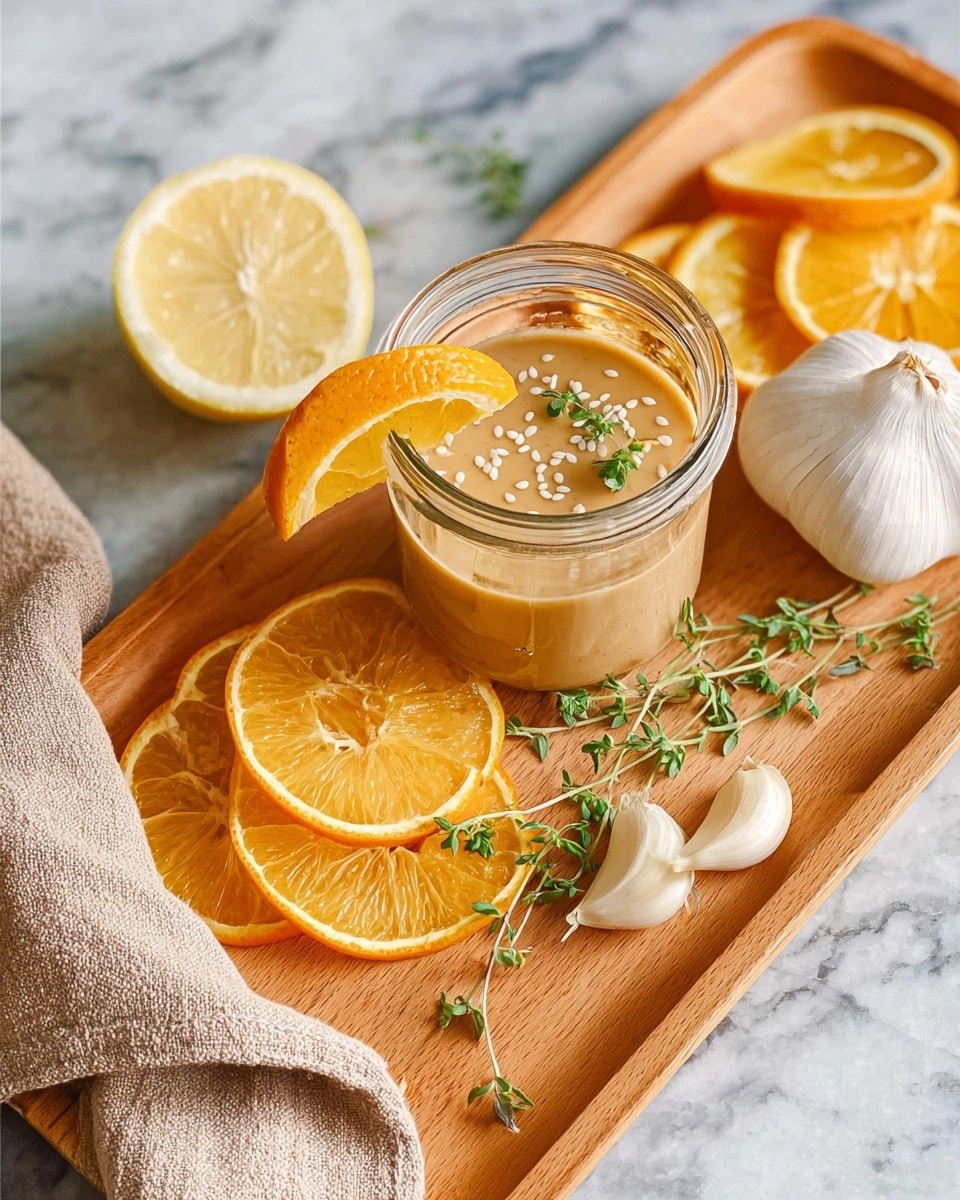 A small transparent glass jar filled with light tan sauce, sprinkled with white sesame seeds and a small green herb on top, sits on a wooden tray. Two bright orange slices are placed on the edge of the jar. Around the tray are several citrus slices in shades of yellow and orange, a whole white garlic bulb, and some sprigs of fresh green herbs. A beige cloth is partially draped next to the jar. The scene is set on a white marbled surface. photo taken with an iphone --ar 4:5 --v 7