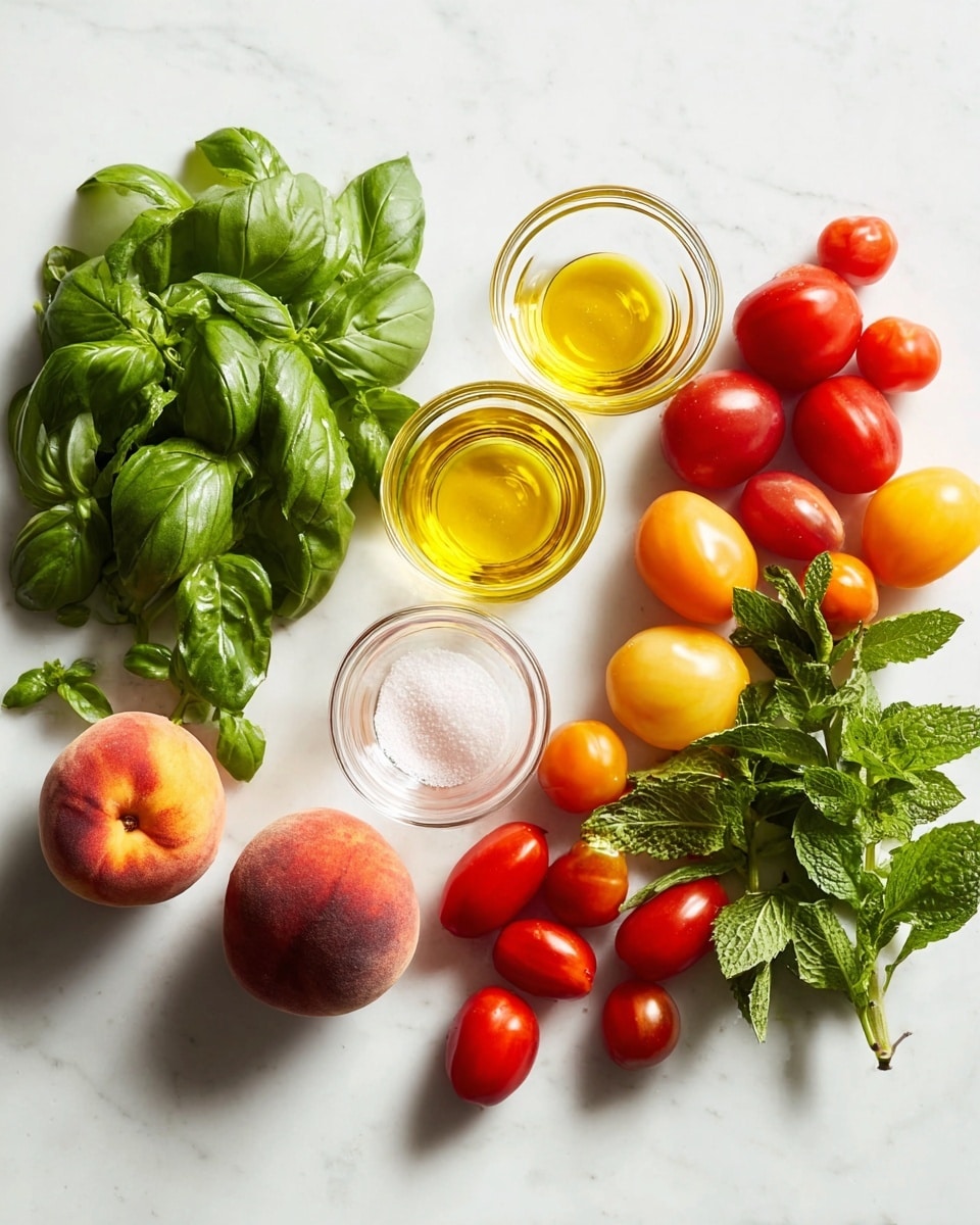 The image shows fresh ingredients arranged on a white marbled surface. On the left, there is a bunch of bright green basil leaves with smooth texture. Next to it, there are three whole peaches with reddish-orange skin and soft fuzz. Near the center, there are three small clear glass bowls containing yellow oil, white coarse salt, and rose-colored liquid, arranged in a triangle. To the right of the bowls, there are various tomatoes, including four red, round ones and several smaller oval-shaped tomatoes in shades of red, orange, and yellow. On the far right, there is a sprig of fresh mint with vibrant green leaves and a slightly rough texture. The composition is brightly lit, showing natural colors and a clean layout. Photo taken with an iphone --ar 4:5 --v 7