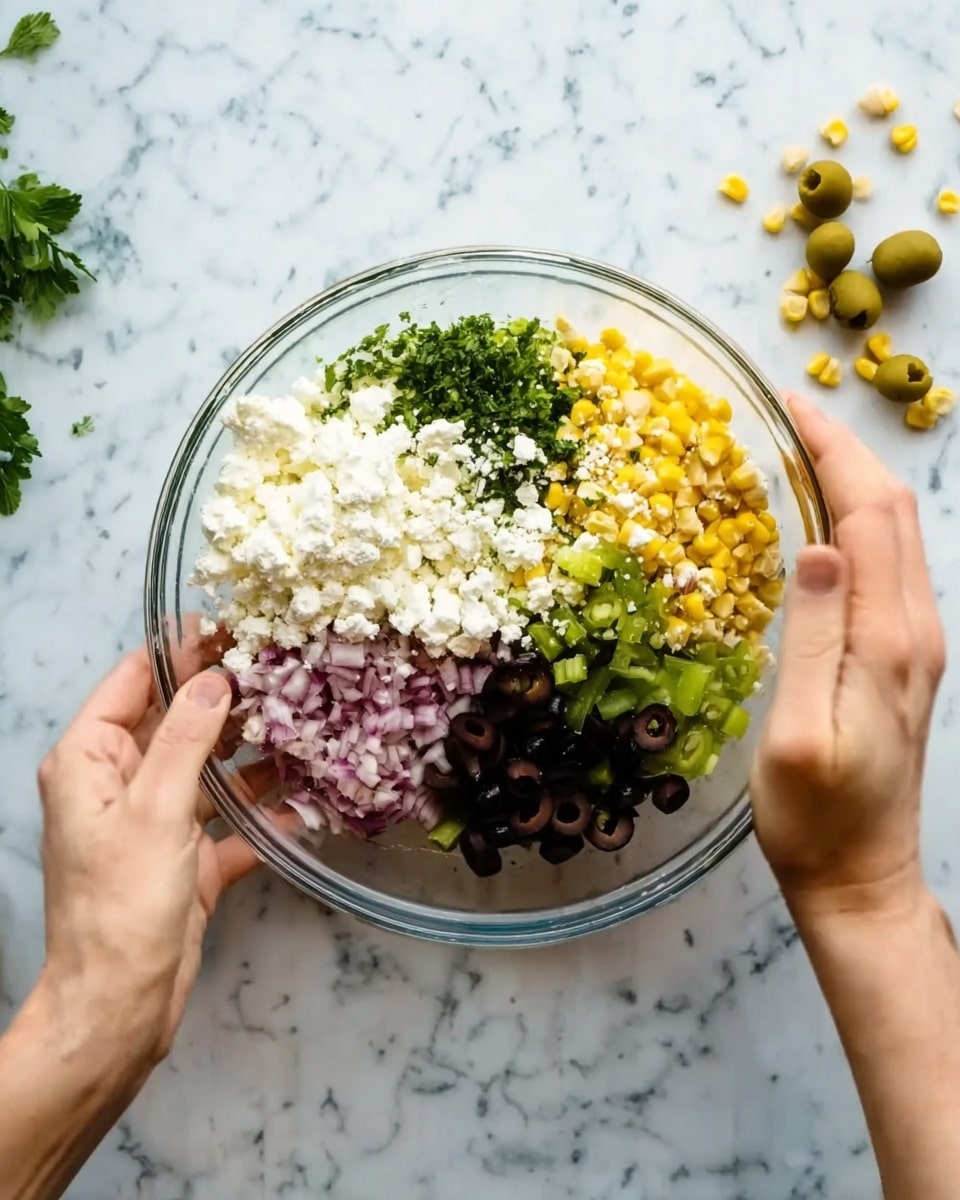 A pair of woman's hands holds a clear glass bowl from the sides over a white marbled surface. Inside the bowl, there are several separate layers arranged in small piles: white crumbly cheese at the top, finely chopped green herbs and chopped green peppers to the right, bright yellow corn below them, black sliced olives at the bottom, finely chopped red onions on the left, and more green herbs in the center. Some scattered olives and a few corn kernels lie on the white marbled surface around the bowl. photo taken with an iphone --ar 4:5 --v 7