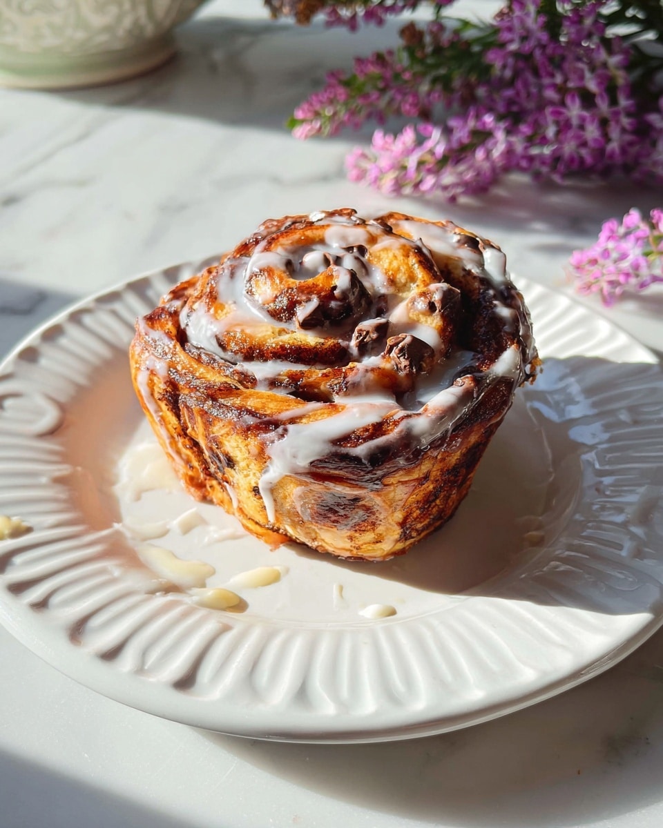 A single cinnamon roll with visible layers of golden-brown dough twisted with darker brown cinnamon and chocolate chips, held together in a spiral shape, is placed on a white plate with raised decorative edges; the roll is topped and drizzled with white icing that glistens in natural light, with some icing drops on the plate around it, all set on a white marbled surface with soft light highlighting the texture and small purple flowers nearby, photo taken with an iphone --ar 4:5 --v 7