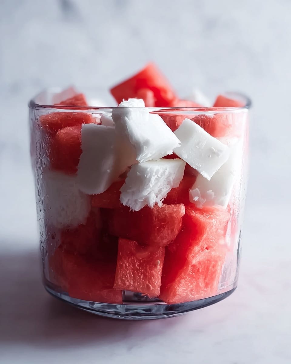 The image shows a clear blender container filled with two main ingredients layered together: the bottom layer is made of bright red watermelon pieces cut into cubes, and the top layer consists of larger white coconut chunks placed unevenly over the watermelon. The container is set on a white marbled surface, with soft natural light coming from the side. The overall look is fresh and colorful with visible texture differences between the juicy watermelon and the firm coconut. photo taken with an iphone --ar 4:5 --v 7