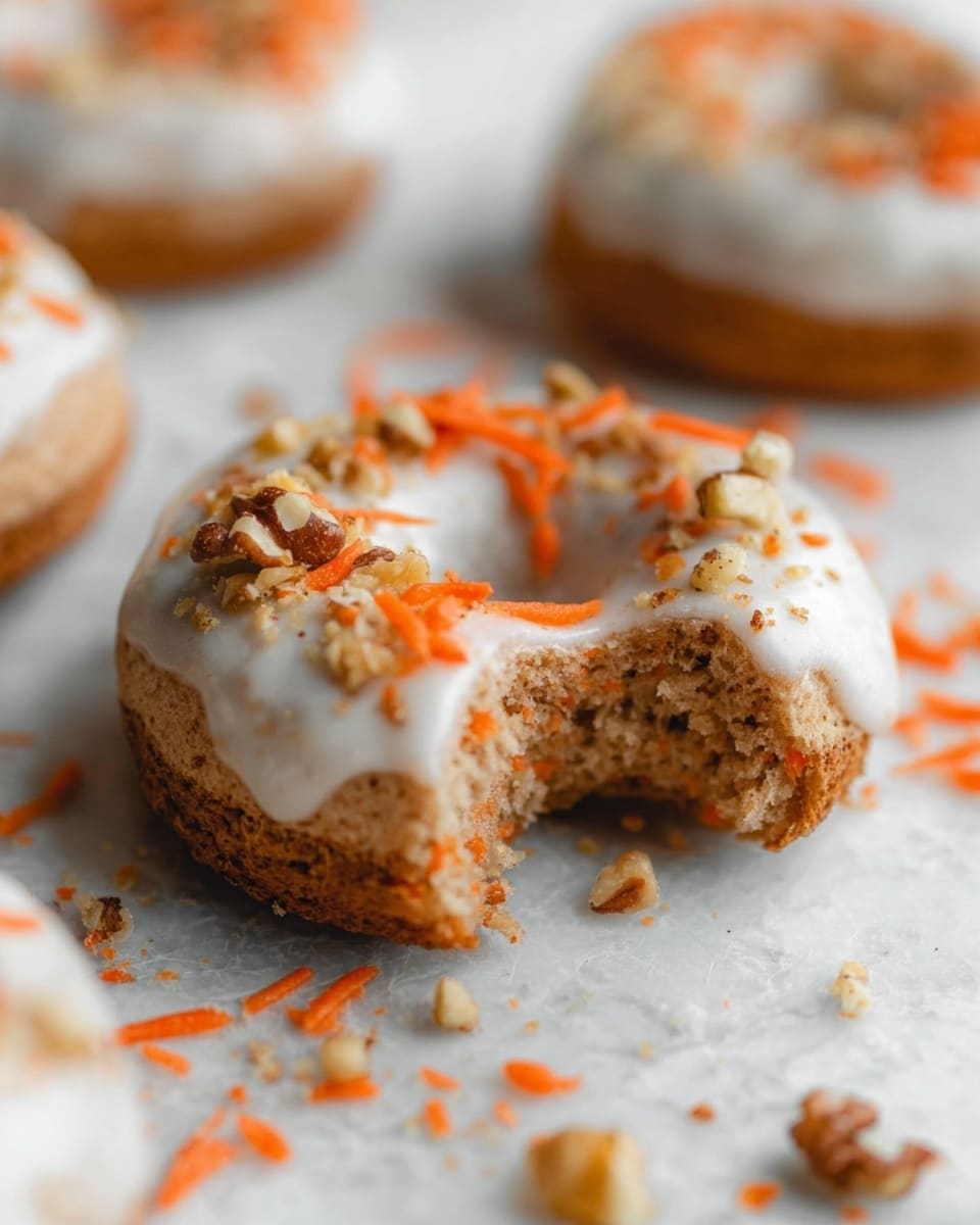 A close-up of a donut with a light brown textured base showing bits of orange carrot inside, topped with a smooth white icing layer that drips slightly over the edge, sprinkled with small pieces of chopped walnuts and thin shreds of bright orange carrot. The donut has a bite taken out of it, revealing the soft inside. The donut rests on a white marbled surface with some scattered walnut pieces and carrot shreds around. Other similar donuts are blurry and placed in the background. photo taken with an iphone --ar 4:5 --v 7