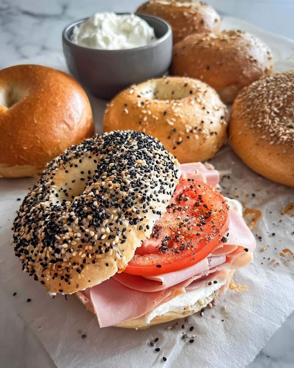 A toasted bagel covered with black and white sesame seeds is open with four layers: the bottom half is light tan and slightly crispy, topped with a thin layer of white cream cheese, then several folded slices of light pink deli meat, and a thick slice of red tomato sprinkled with black pepper, with the top half of the sesame bagel leaning on it. Around this sandwich, there are four other bagels, two plain golden brown ones and two more sesame seed bagels. Behind the bagels is a small gray bowl filled with white cream. All items are on white parchment paper over a white marbled surface. Photo taken with an iphone --ar 4:5 --v 7