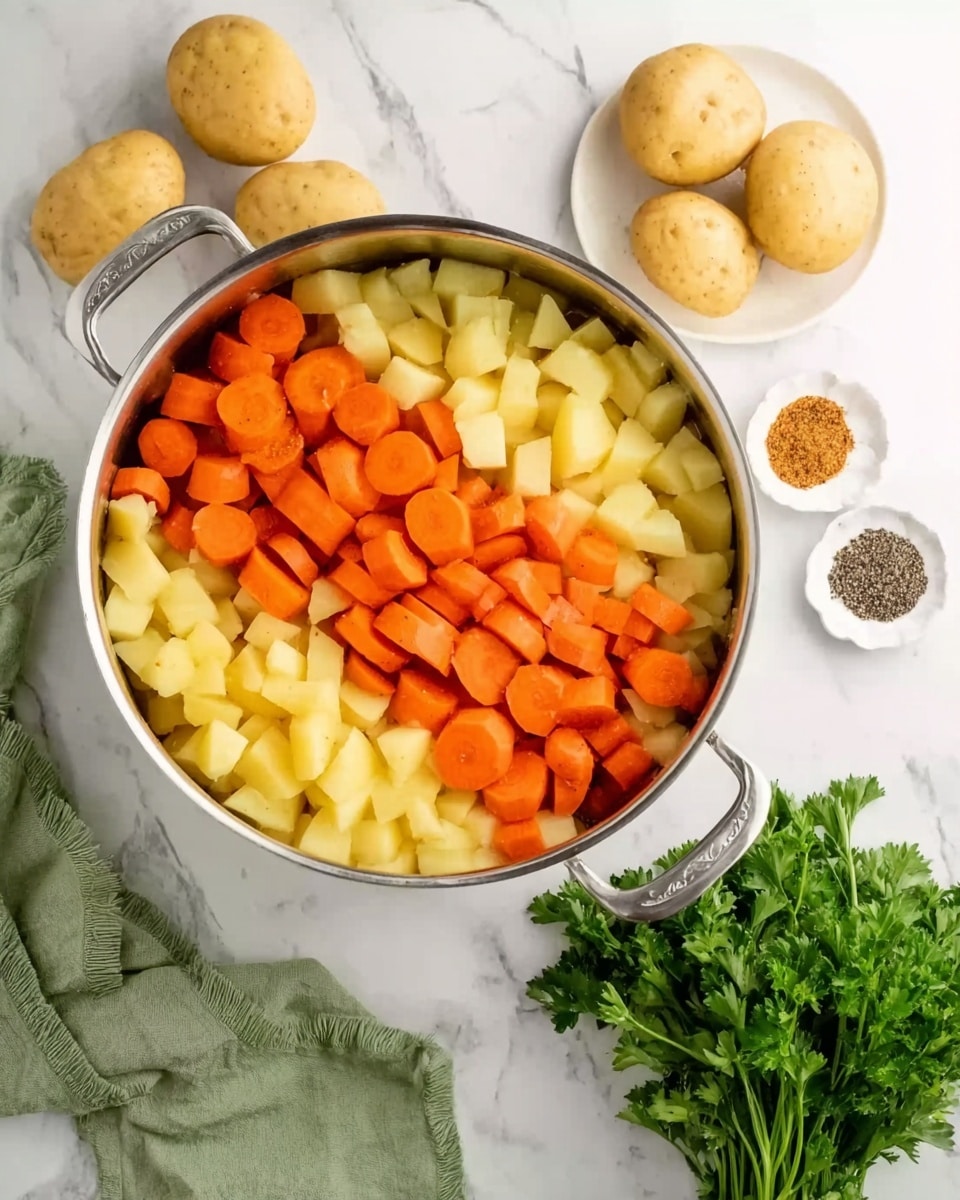 The image shows a large silver pot on a white marbled surface filled halfway with two layers of chopped vegetables. The bottom layer is made of pale yellow potato pieces with a smooth texture, while the top layer consists of bright orange carrot slices with a slightly rough surface, arranged neatly side by side. Next to the pot, on the white marbled surface, there is a bunch of fresh green parsley with detailed leaves and three whole light tan potatoes on a white plate. Nearby, there are two small white bowls, one filled with black pepper and the other with a light ground spice. A green cloth is partly visible at the lower left corner. photo taken with an iphone --ar 4:5 --v 7
