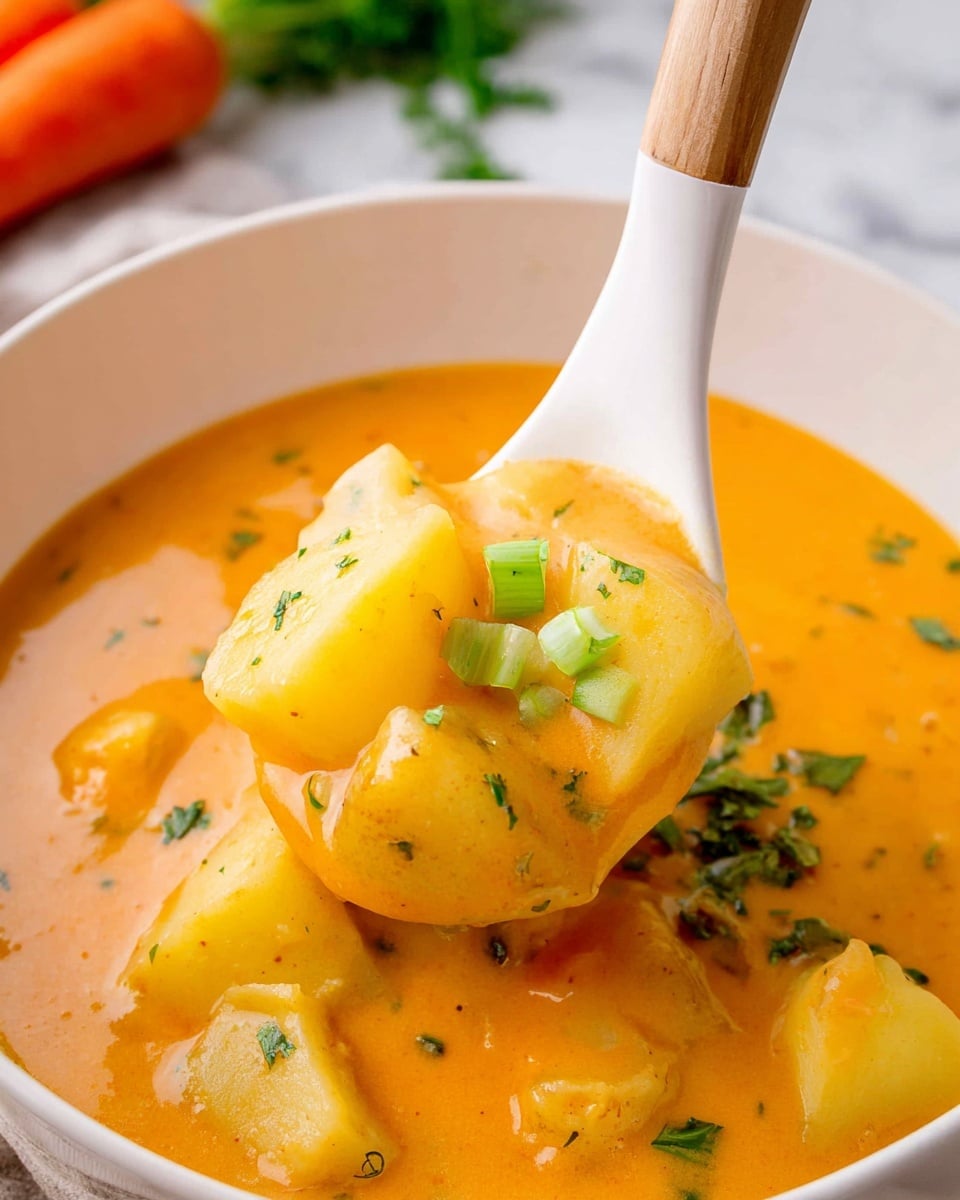 A white bowl is filled with thick orange soup that has a creamy texture. In the soup, there are soft chunks of light yellow potatoes mixed with green chopped herbs and green onion slices sprinkled on top. A white spoon with a wooden handle is scooping a portion of the soup and potatoes, showing the creamy soup covering the potato pieces. The dish is placed on a white marbled surface with a carrot and green leaves blurred in the background. Photo taken with an iphone --ar 4:5 --v 7