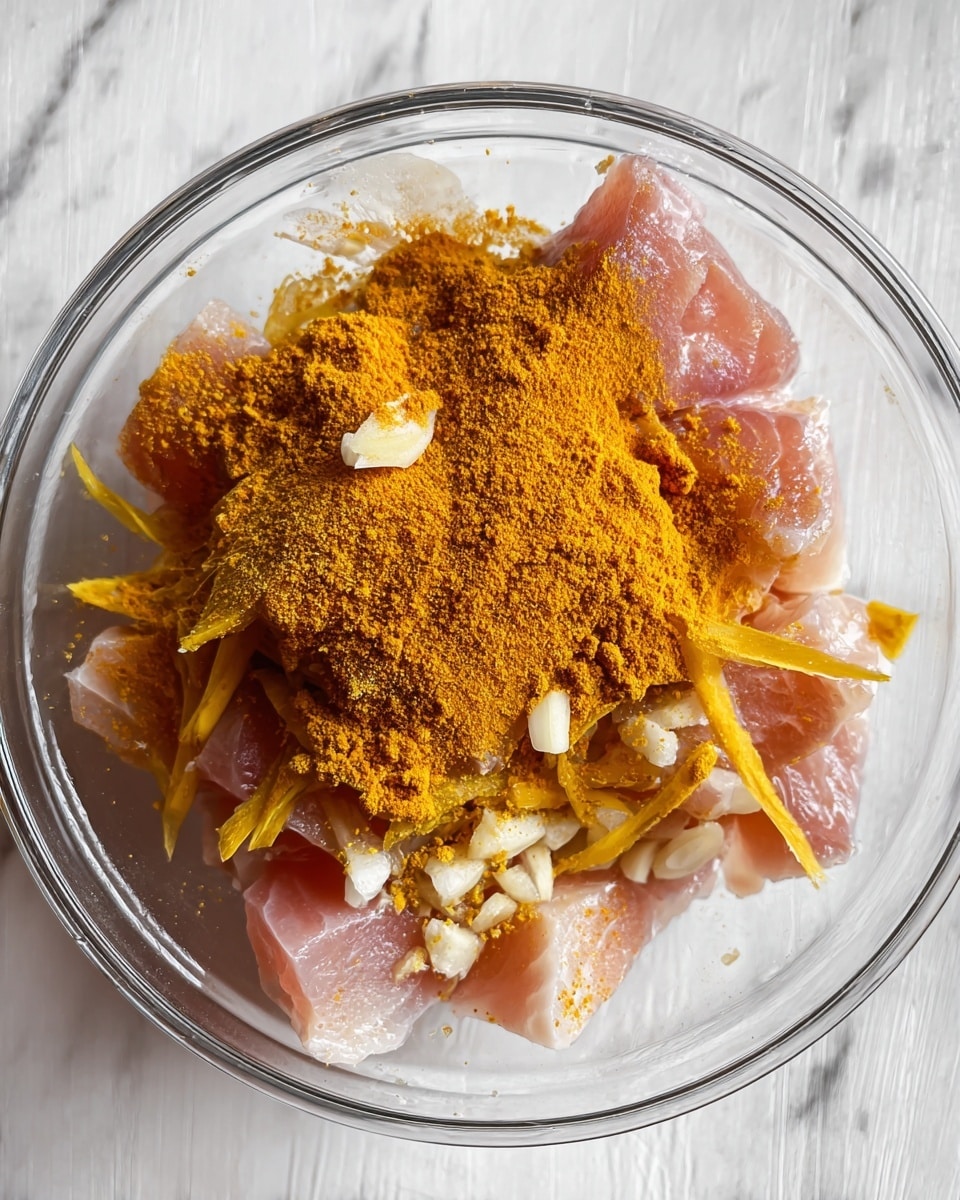 In a clear glass bowl, there are several pieces of raw pink fish layered at the bottom with thin, light yellow strips of ginger and small white chopped garlic on top. Over these layers, a bright orange-yellow spice powder is spread unevenly, covering parts of the fish and ginger. The bowl is set on a white marbled surface that adds a clean, light contrast to the rich colors inside. photo taken with an iphone --ar 4:5 --v 7