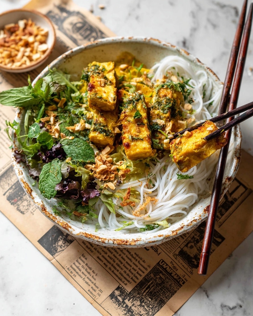 The dish is in a white textured bowl with two dark wooden chopsticks resting on the side, picking up a piece of golden-yellow cooked tofu mixed with herbs. The bowl shows three clear layers: at the bottom, a bed of white rice noodles with a smooth texture; on the left side, fresh green and purple leafy herbs adding a rich natural tint; and on top, several pieces of golden tofu coated with green herbs and sprinkled with small crunchy light brown nuts or fried shallots. The bowl sits on a white marbled surface with a piece of old-style newspaper beneath it, and a smaller bowl with extra crunchy bits is partially visible in the background. Photo taken with an iphone --ar 4:5 --v 7
