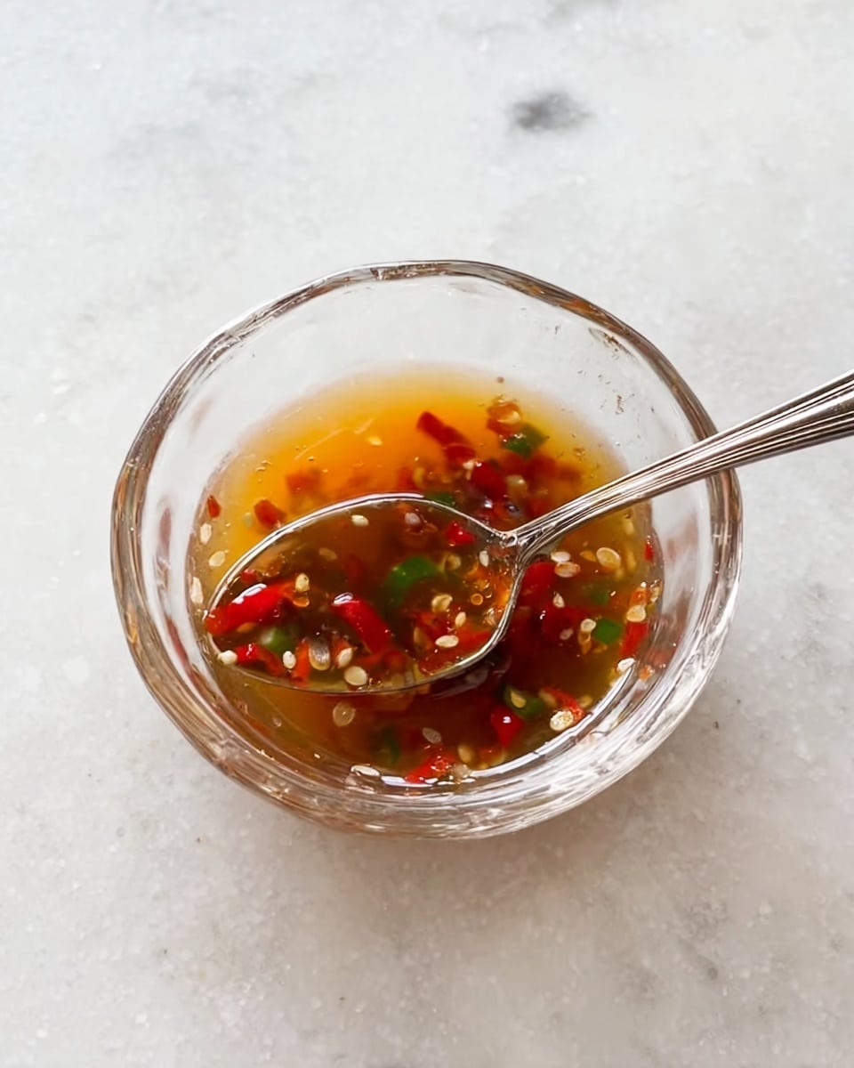 A clear small glass bowl filled with light brown sauce mixed with small pieces of red and green chili peppers floating inside. A silver spoon rests in the bowl, partly submerged in the sauce. The bowl sits on a white marbled surface. photo taken with an iphone --ar 4:5 --v 7