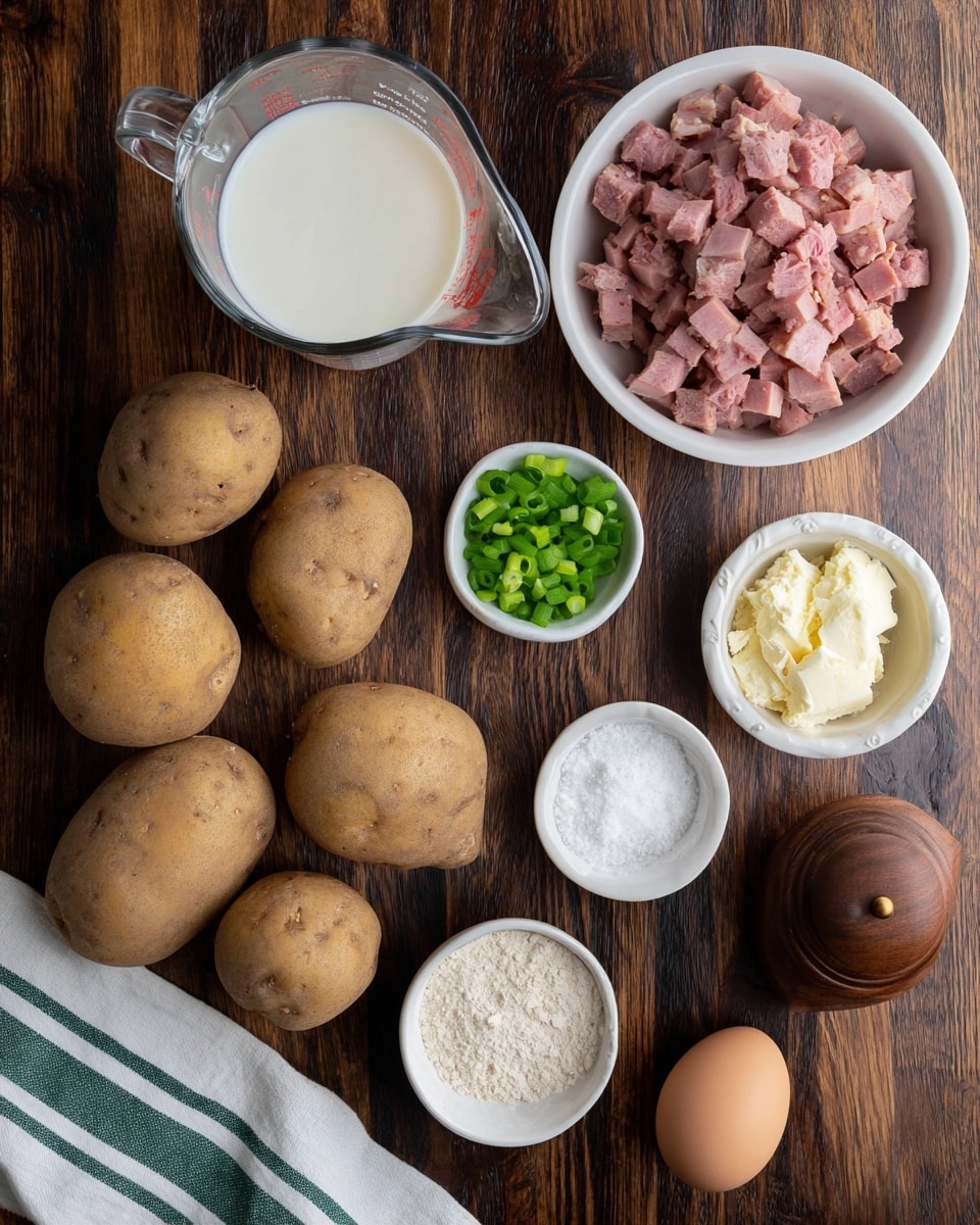 The image shows several cooking ingredients arranged on a dark wooden surface with a white and green striped cloth nearby. There are seven whole brown potatoes clustered together on the left side. Above them, there is a clear glass measuring cup filled with white milk. Next to the milk, a small white bowl holds seasoning salt, while a white bowl filled with chopped pieces of cooked ham occupies the top right. Below the ham, a small white bowl contains chopped green onions, and two smaller white ramekins hold white flour and a beige powder seasoning. At the bottom right corner, there is a brown wooden pepper grinder and a single brown egg. The surface behind all items is a white marbled texture, photo taken with an iphone --ar 4:5 --v 7