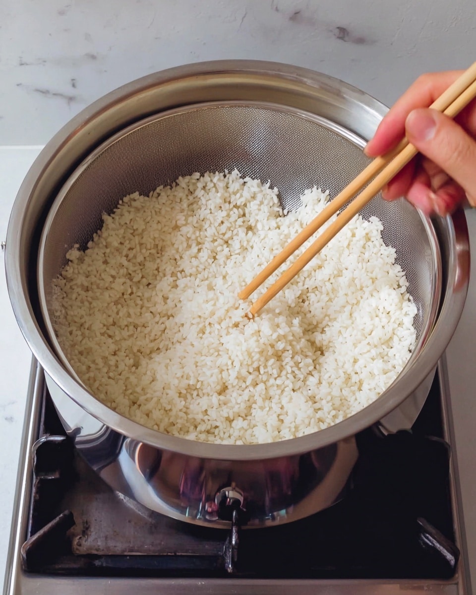 A large silver pot filled with tiny white grains that look like soaked rice or small pearls is shown on a gas stove with visible flames below. A woman's hand holding light brown wooden chopsticks gently stirs or picks up some of the grains from the pot. The pot has a shiny metal surface and is lined with a white mesh at the bottom to hold the grains. The background surface is a white marbled texture. photo taken with an iphone --ar 4:5 --v 7