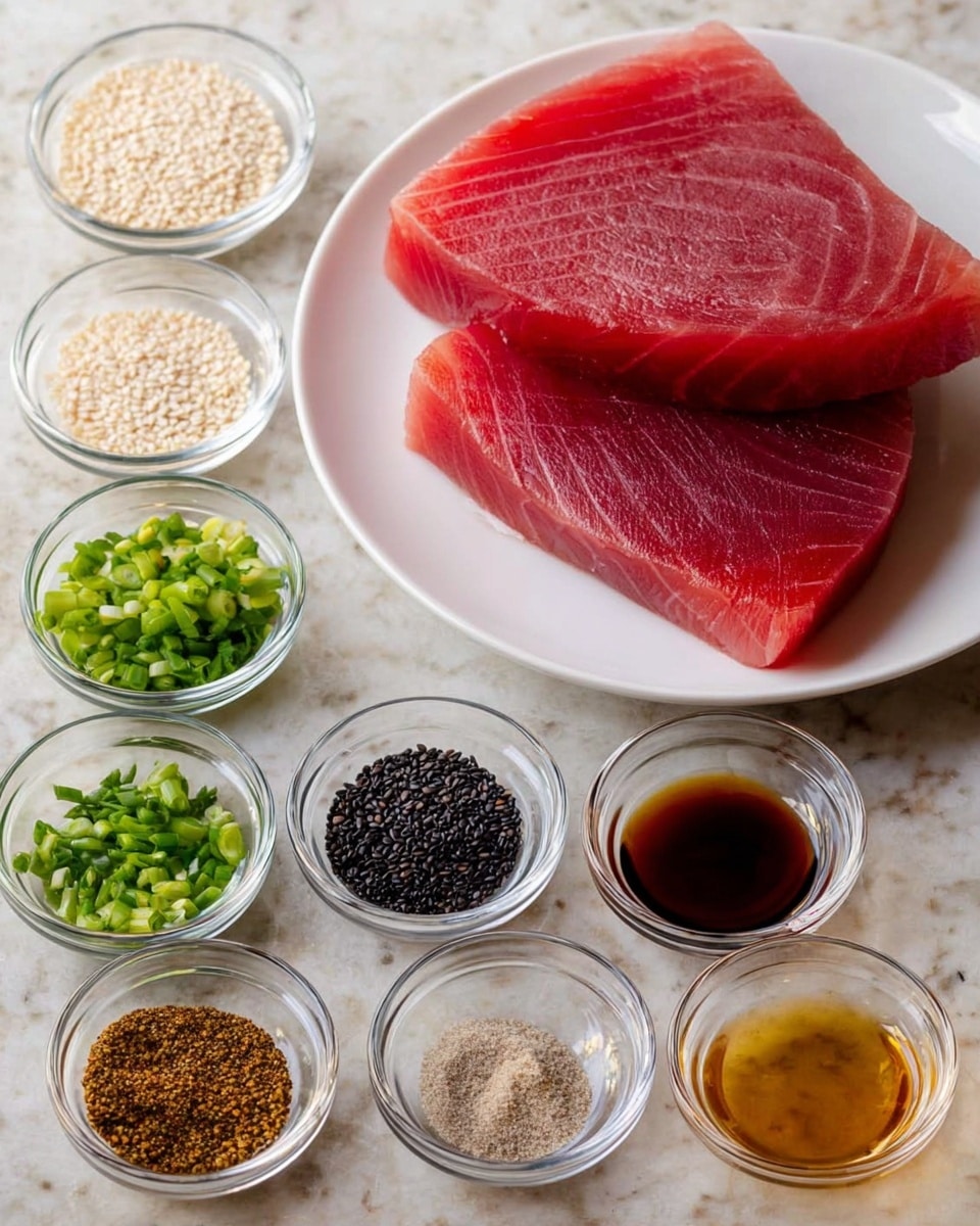 Two large thick red tuna steaks are placed on a white plate in the top part of the image. Below the plate, there are nine small clear glass bowls arranged in rows on a white marbled surface. The bowls hold various ingredients: white sesame seeds, green chopped scallions, black pepper, salt, black sesame seeds, light brown liquid, dark thick sauce, and two other light liquids. The colors vary, with reddish tuna, green scallions, black and white seeds, and different shades of liquids. The setup is neat and well organized with good lighting. Photo taken with an iphone --ar 4:5 --v 7