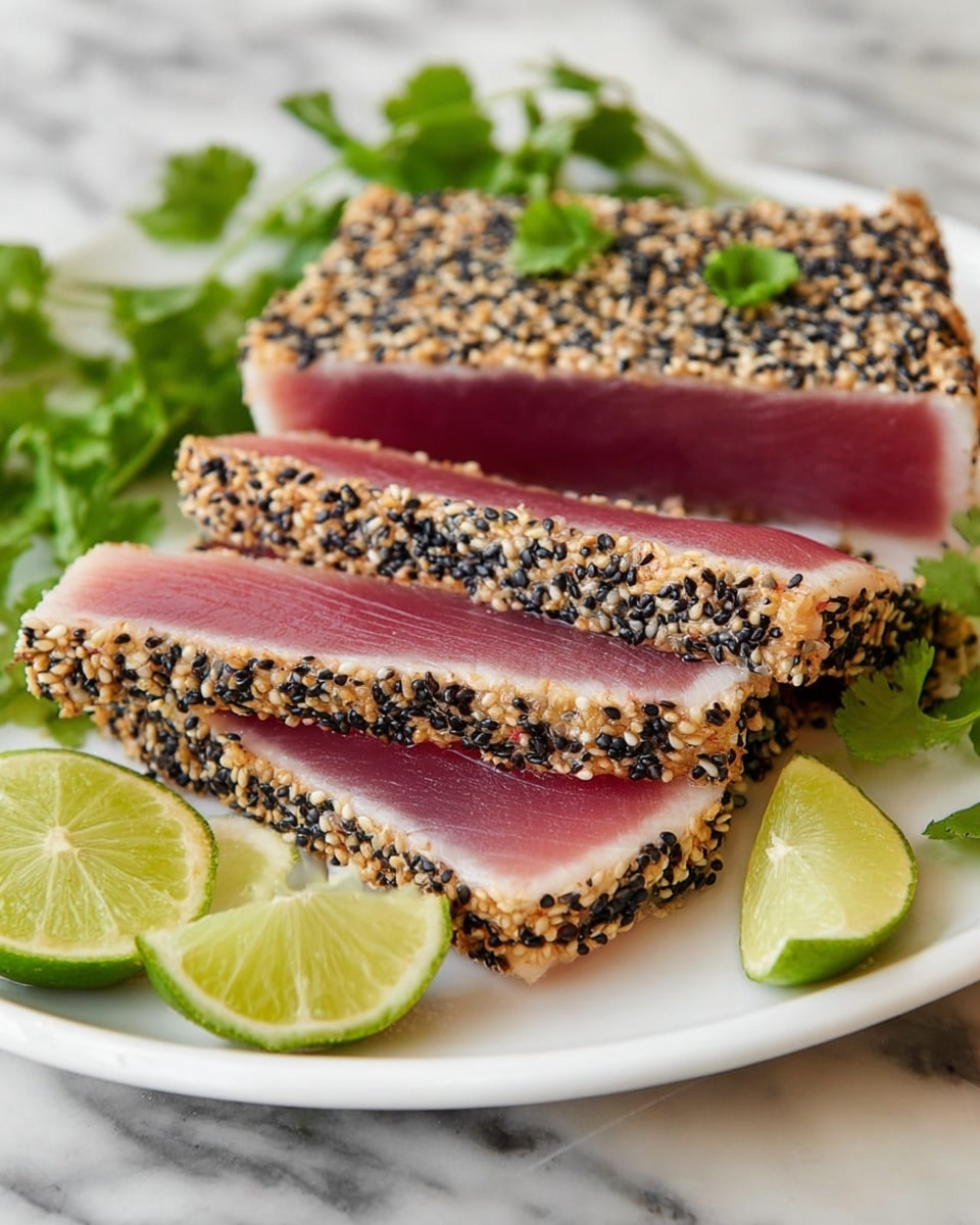 A white plate holds three thick pieces of seared tuna coated in a mix of black and white sesame seeds. One piece is sliced into neat, even strips showing a deep pink center and a thin, light-colored outer edge from searing. Behind it, two larger pieces rest stacked, also with a sesame crust and a tender pink middle. Bright green lime wedges and fresh green cilantro leaves sit beside the tuna, adding pops of color. The plate is set on a white marbled surface, and the tuna is garnished with small green herbs on top. Photo taken with an iphone --ar 4:5 --v 7