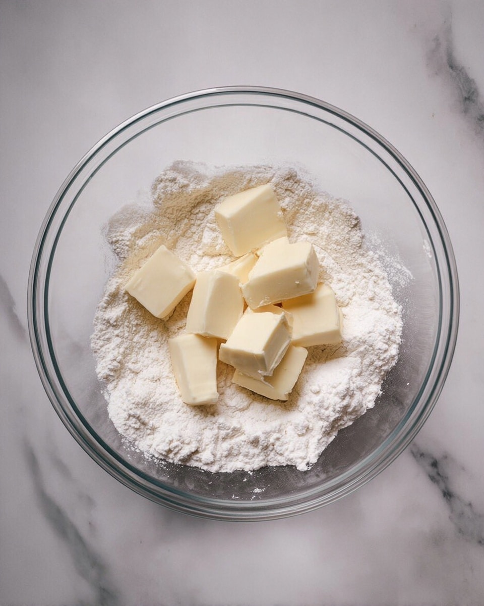 A clear glass bowl sits on a white marbled surface, filled with a layer of white flour that has a soft, powdery texture, and on top of the flour, there are six small cubes of pale yellow butter evenly spaced. The butter pieces have a smooth, slightly shiny surface and appear cold and solid against the matte flour. The photo is taken from above, showing the round shape of the bowl and the texture contrast between the flour and butter. photo taken with an iphone --ar 4:5 --v 7