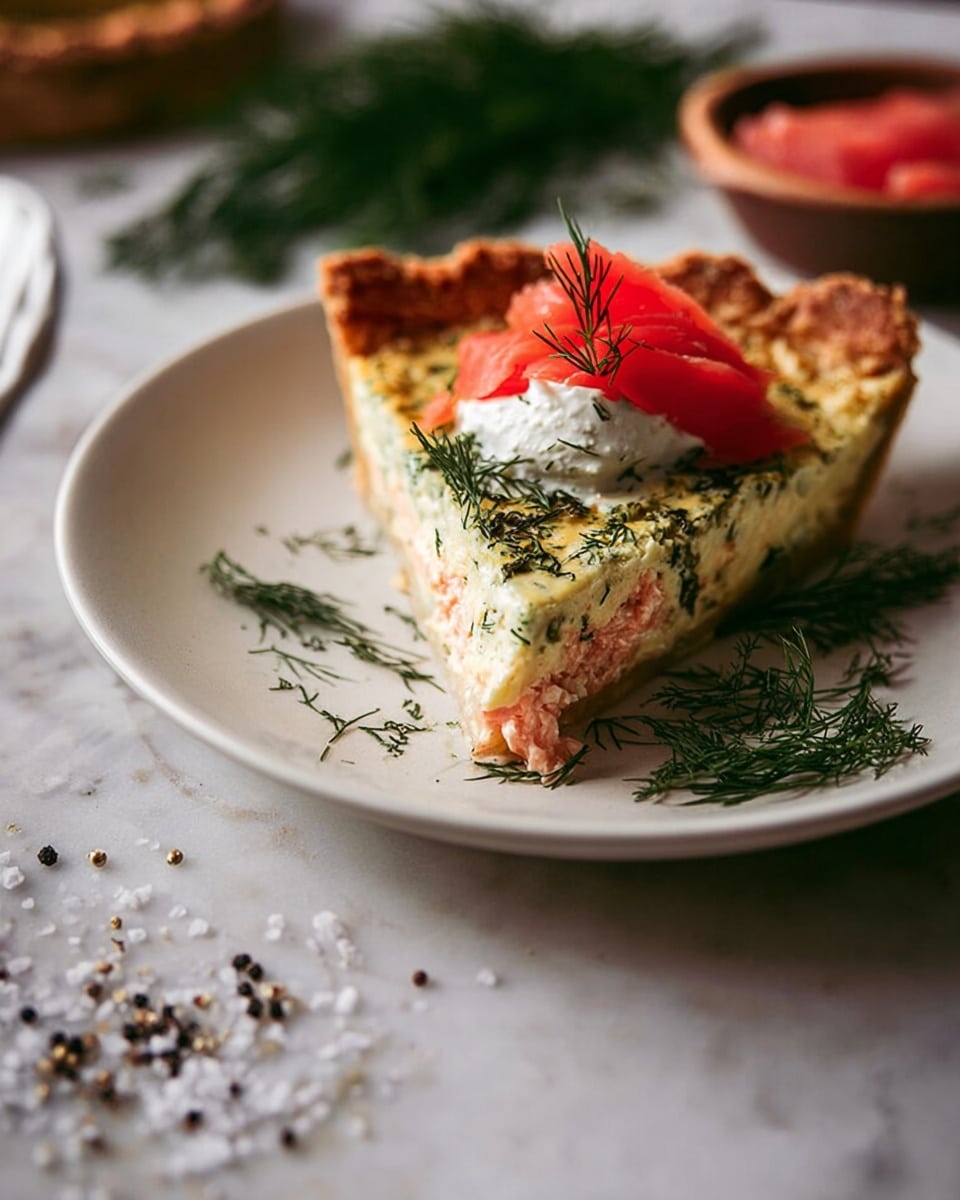 A single slice of a savory pie sits on a white plate, showing three visible layers: the bottom crust is golden brown and crumbly, above it is a pink layer of fish, and the top layer is a creamy pale yellow custard mixed with small green herbs. On top of the slice is a swirl of thin, folded bright red fish, a dollop of white cream, and sprigs of fresh green dill. The plate rests on a white marbled surface with some scattered coarse black pepper and salt grains around, adding texture to the scene. Photo taken with an iphone --ar 4:5 --v 7