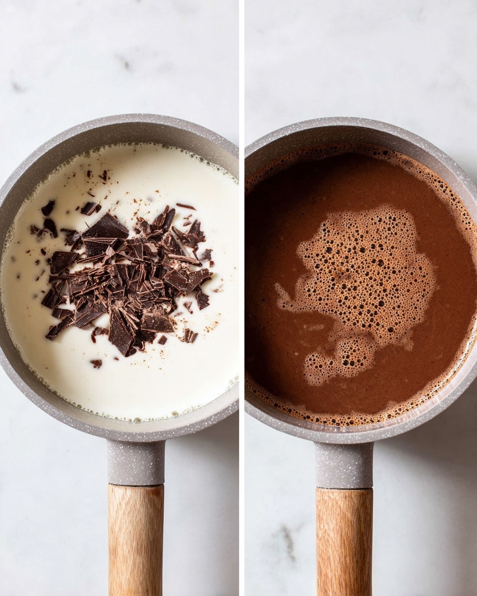 Two side-by-side images each show the inside of a gray pot with a wooden handle on a white marbled surface. The left image shows a layer of smooth white cream filling most of the pot, topped in the center with uneven dark brown chocolate pieces. The right image shows a thick, rich chocolate liquid layer filling the pot, with small bubbles and foam on the surface, giving it a light and airy texture. Photo taken with an iphone --ar 4:5 --v 7