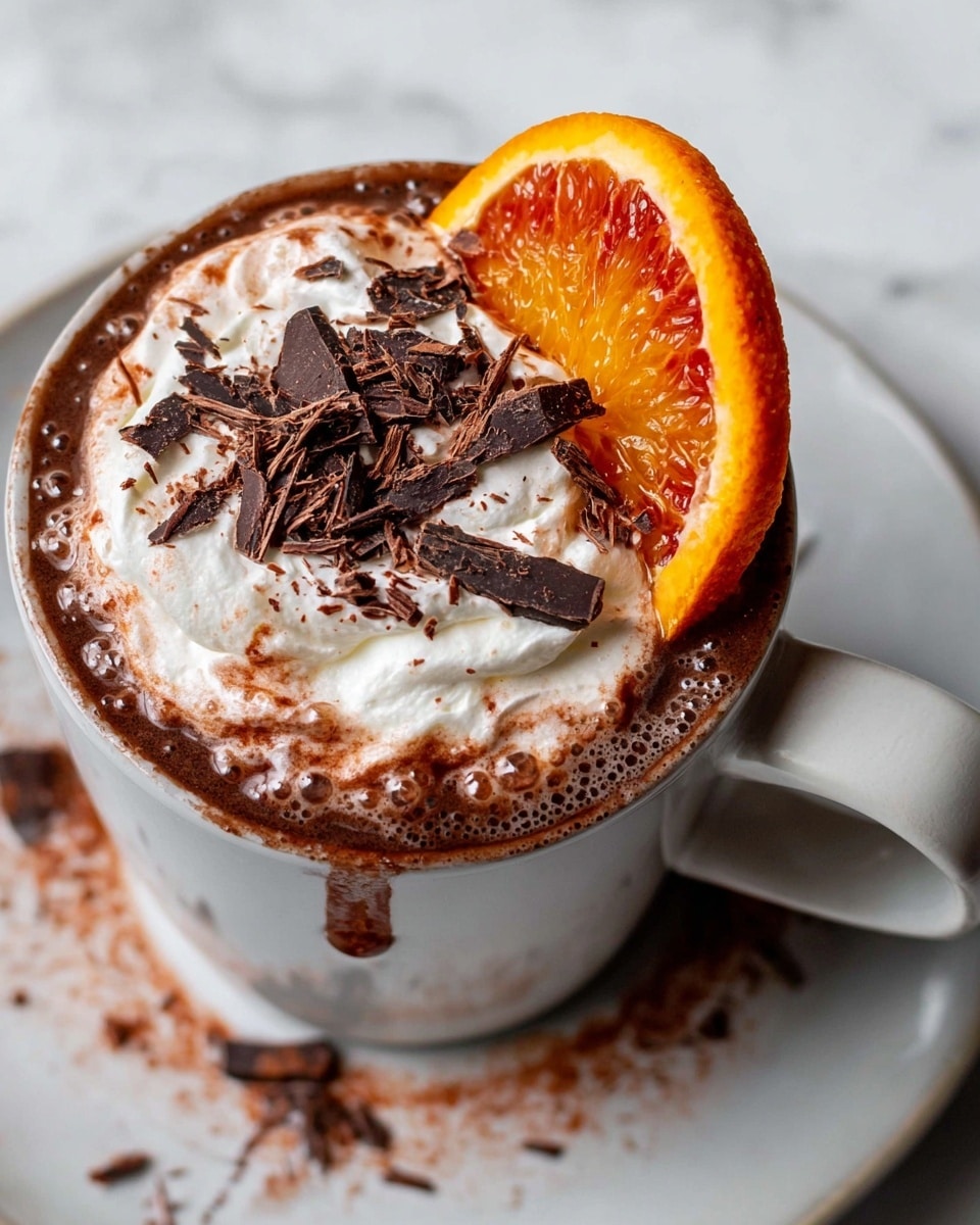 A white cup filled with hot chocolate topped with a thick layer of white whipped cream that spreads unevenly, showing some bubbling chocolate underneath. On top of the whipped cream, there are irregular dark chocolate shavings scattered, along with a fresh slice of bright orange blood orange placed on one side, slightly resting on the whipped cream and chocolate surface. The cup sits on a white plate with a few scattered chocolate shavings and some chocolate smudges visible on the plate and the cup's handle. The background is a white marbled texture. photo taken with an iphone --ar 4:5 --v 7
