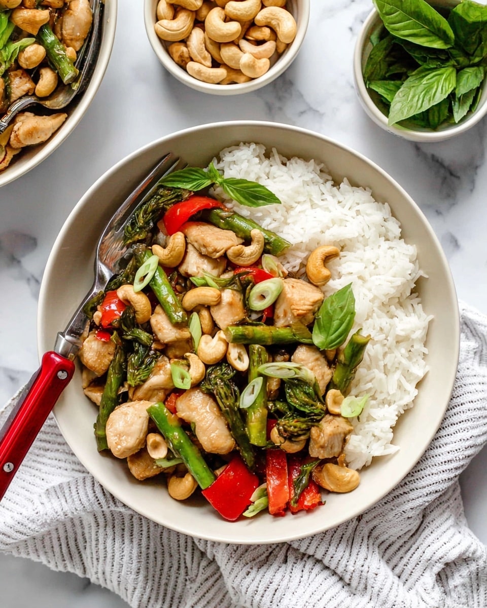 A white round bowl contains two main layers: the bottom layer is a bed of white rice with soft, separate grains, and the top layer is a colorful stir-fry mix with pieces of light brown cooked chicken, green asparagus, red bell pepper chunks, and whole cashew nuts, garnished with fresh green basil leaves and sliced green onions scattered on top. A fork with a shiny silver head and a red handle rests on the left side inside the bowl. In the background, there is a smaller white bowl filled with cashew nuts and another smaller white bowl with fresh green herbs. All bowls are placed on a white marbled surface with a light-striped white cloth lying partially under the main bowl. Photo taken with an iphone --ar 4:5 --v 7