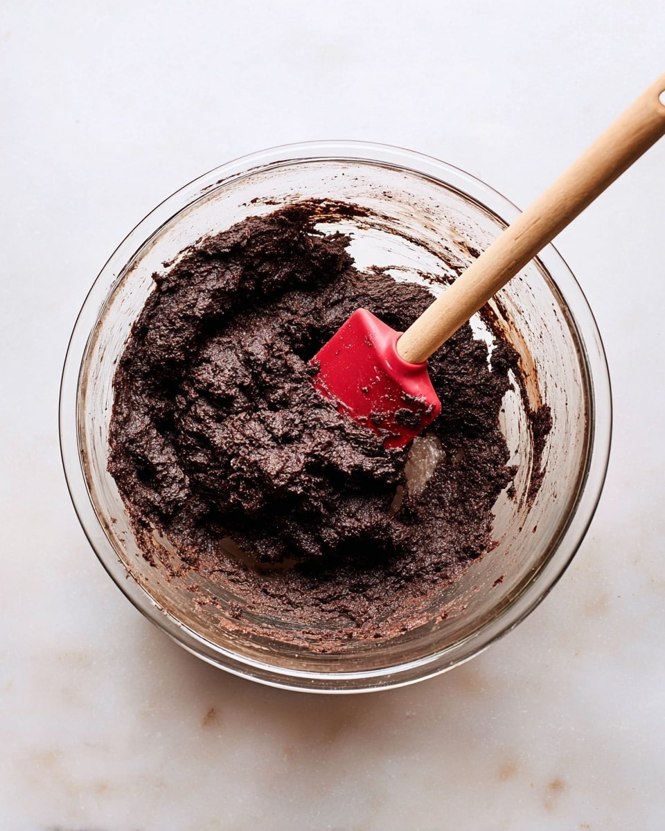 A clear glass bowl filled with thick, dark brown chocolate dough that looks dense and rich, with some dough spread unevenly along the inner sides of the bowl. Inside the bowl, a red spatula with a wooden handle rests against the dough, showing some dough stuck to its surface. The bowl is placed on a white marbled surface, giving a clean and bright background. photo taken with an iphone --ar 4:5 --v 7