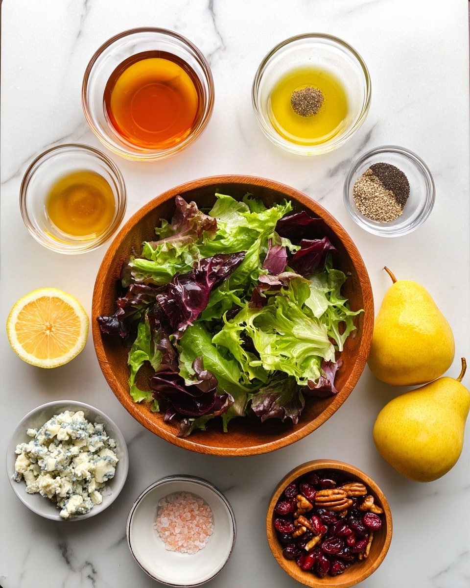 A wooden bowl filled with fresh, green and purple mixed salad leaves sits in the center on a white marbled surface. Surrounding it are small clear glass bowls with different ingredients: an amber liquid, a light yellow oil, a small amount of creamy mustard, black pepper, and pink salt. To the right, there are two yellow pears, a small wooden bowl of crumbly blue cheese, a white bowl with glazed pecans, and another clear bowl with dried cranberries. A lemon half rests on the left near the bowls. The photo taken with an iphone --ar 4:5 --v 7