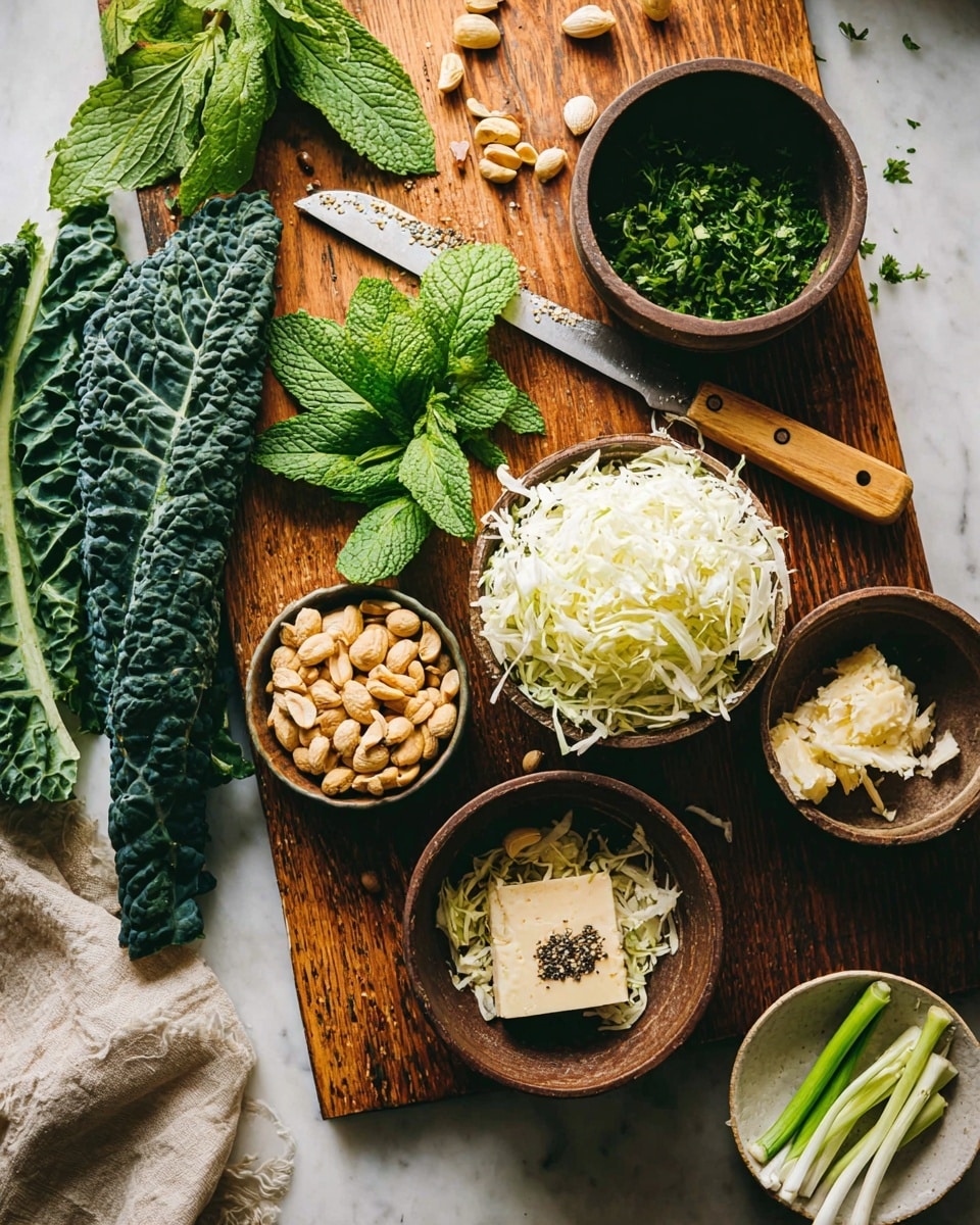 The image shows a wooden board on a white marbled surface, layered with ingredients for cooking. The bottom left has dark green kale leaves with a bumpy texture, next to a small brown bowl filled with light brown peanuts. On the board’s top center are large flat green mint leaves and finely chopped mint on the right side, with a knife having a wooden handle lying horizontally. To the upper right side, there is a medium brown bowl filled with chopped green cilantro, and nearby is a bigger brown bowl holding a mound of shredded white cabbage. At the bottom right, there is another brown bowl with a light grated ingredient topped by a small block of brown butter with black seeds. Adjacent are thin green spring onions in a small white bowl and some loose, resting on a beige cloth. The photo taken with an iphone --ar 4:5 --v 7