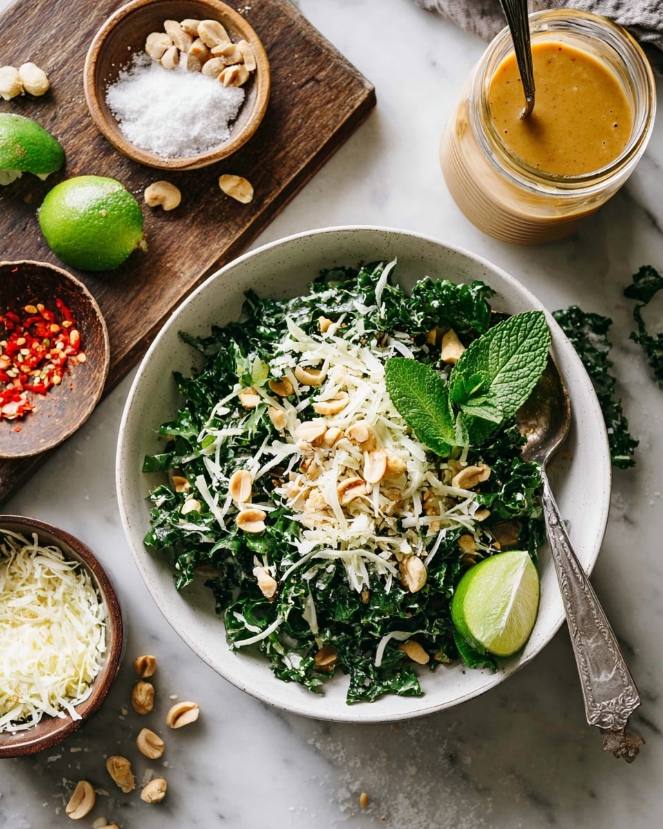 A white bowl filled with a fresh green kale salad, layered with shredded white cabbage and sprinkled with light brown peanuts on top. Fresh green mint leaves rest on the salad alongside a bright green lime wedge placed near the bowl’s edge. The salad has some red chili flakes scattered throughout, adding small touches of red. Around the bowl, there are small bowls holding shredded white cheese, coarse sea salt, and peanuts. On a wooden board next to the salad is a glass jar filled with thick, light brown dressing with a spoon. The scene is set on a white marbled surface. photo taken with an iphone --ar 4:5 --v 7