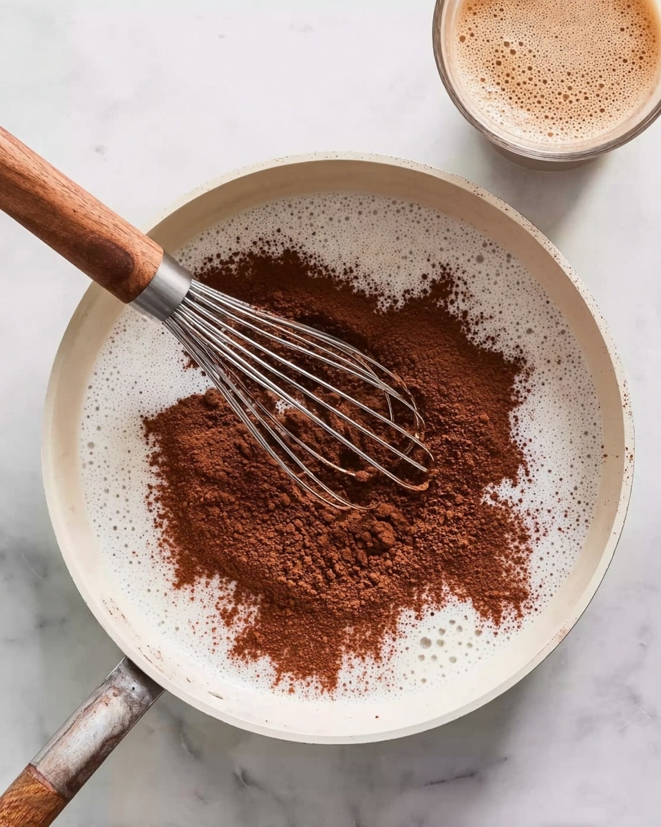 A white pan on a white marbled surface has a mix inside with two layers. The bottom layer is a white liquid with bubbles, and the top layer is a thick, dark brown powder spread unevenly. A metal whisk with a wooden handle is inside the pan, partly buried in the brown powder. There is a glass with some brown froth on top in the upper right corner of the image. photo taken with an iphone --ar 4:5 --v 7