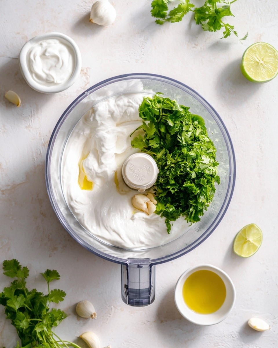 The image shows a clear food processor bowl viewed from above, placed on a white marbled surface. Inside the bowl, there are three main layers: a large area of thick white creamy yogurt on the left side, a cluster of fresh bright green cilantro leaves on the right, and a small spot of golden olive oil near the top center. Next to the olive oil is a pale clove of garlic. Surrounding the bowl are scattered ingredients: a small white bowl of extra thick white yogurt on the top left, two garlic cloves near the top center, a small white bowl of golden olive oil on the right, and two slices of lime on the top right edge. There is also some cilantro visible on the upper edge of the scene. The composition is clean and fresh-looking, with soft natural lighting and a neutral white marbled background. Photo taken with an iphone --ar 4:5 --v 7