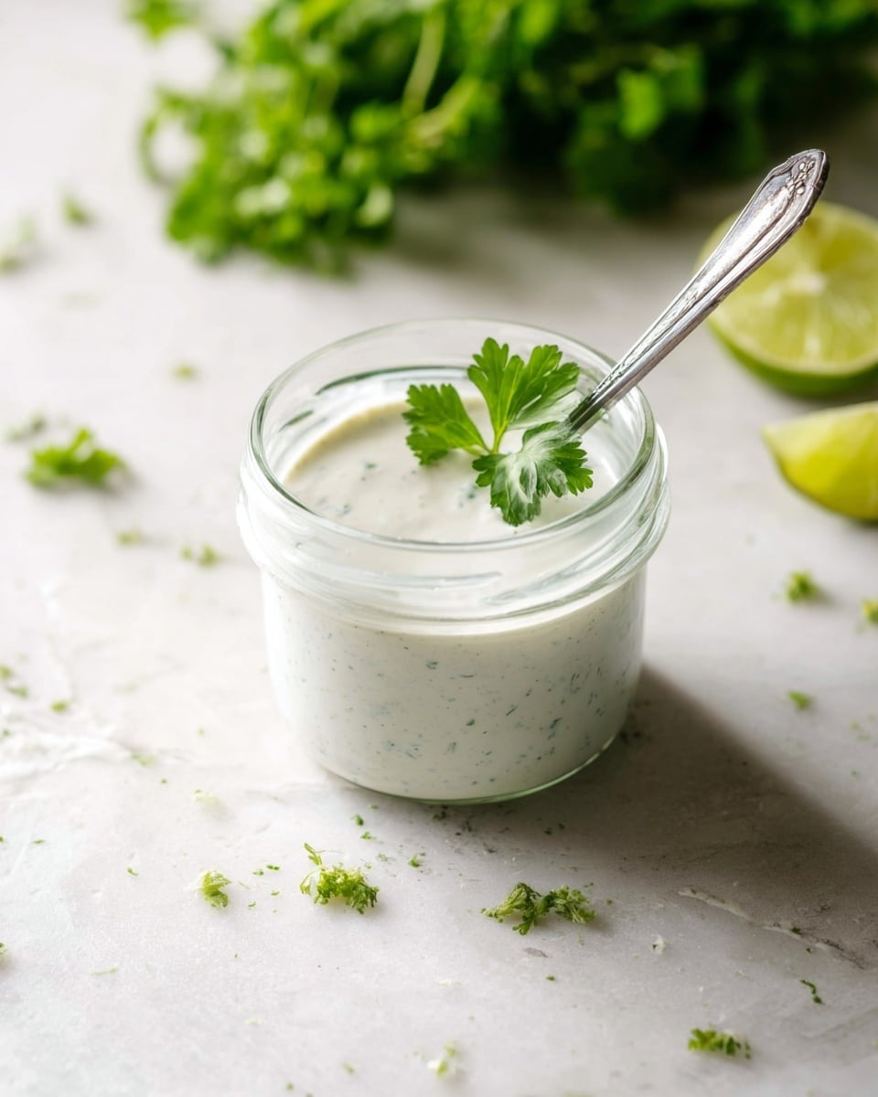 A small clear glass jar filled with smooth, creamy white sauce that has tiny green flecks throughout. A silver spoon stands inside the jar, with a fresh green parsley leaf resting near the spoon’s handle. In the soft-focus background, there are bright green bunches of fresh parsley and some halved lime pieces scattered on a white marbled surface. The lighting is natural and bright, giving a fresh and clean look to the scene. Photo taken with an iphone --ar 4:5 --v 7