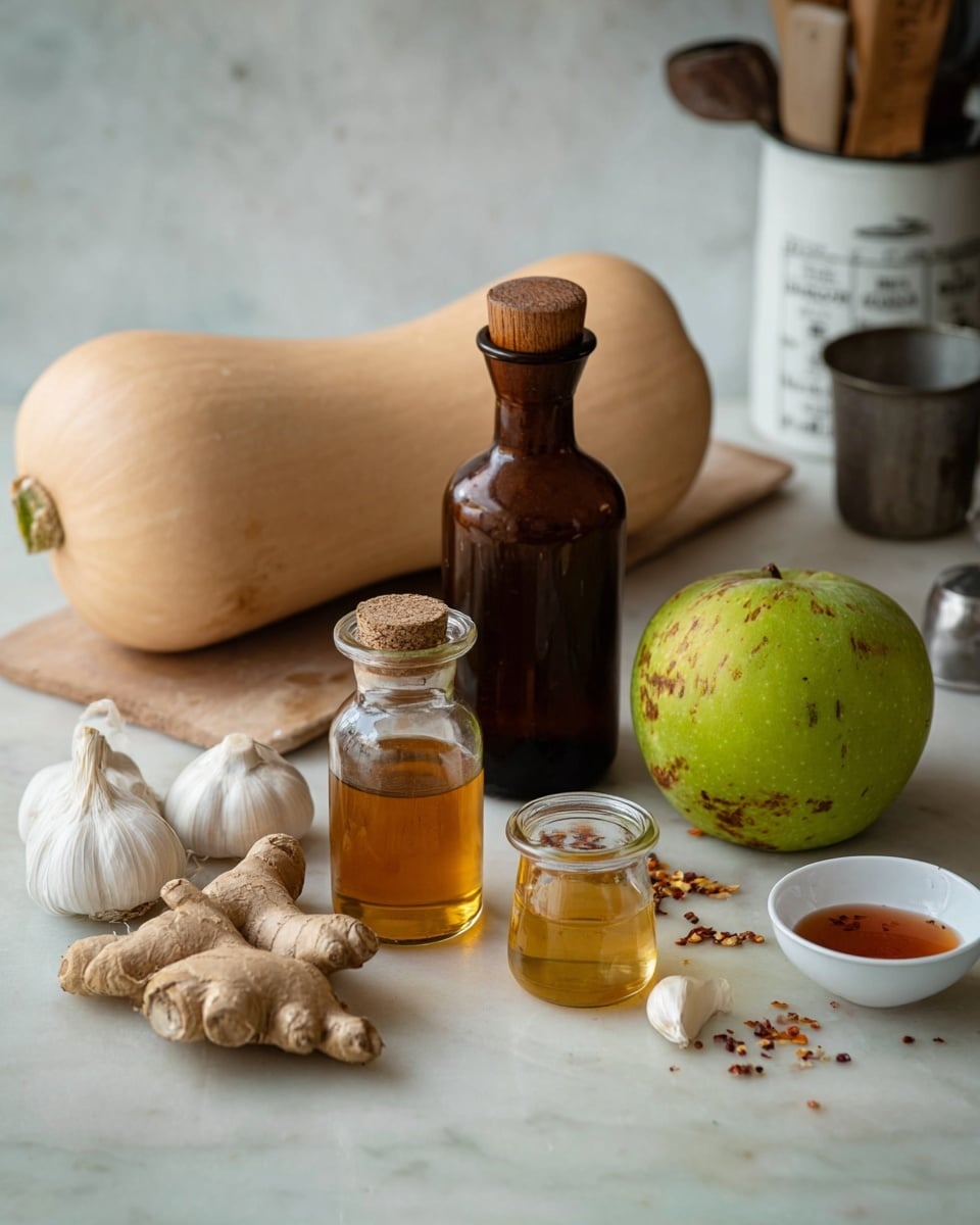 On a white marbled surface, there is one large, light beige butternut squash positioned horizontally at the back left. To the right of it sits a round green apple with some brown spots. In front of the apple, there is a dark brown glass bottle with a wide wooden top, and next to that, a small clear glass bottle with a cork stopper filled with amber liquid. Near the front center, there are three pieces of fresh ginger root with rough, pale skin lying close together. To the right of the ginger, there are three garlic cloves, two still partially wrapped in white skin and one loose. In front of the garlic, there is a small clear jar filled with golden liquid. Next to that jar on the right, there is a small white bowl containing light reddish liquid. On the left side of the image, some crushed red pepper flakes are scattered on the surface close to a small metal cup. A partially visible white measuring cup with black markings is seen on the far right background. The setting has a simple, natural look with soft light and a white marbled surface. photo taken with an iphone --ar 4:5 --v 7