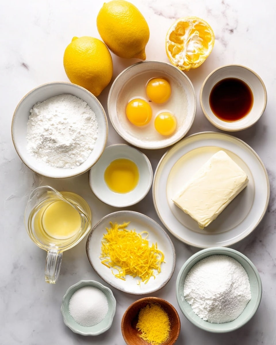 The image shows multiple small white bowls and plates arranged on a white marbled surface, each holding different ingredients for baking. There are three peeled and halved lemons at the top, a small white bowl with three raw egg yolks in the middle, a white plate with a block of cream cheese to the right, and a white bowl filled with granulated sugar a little below the center. Also visible are a small clear glass pitcher with lemon juice, a small white plate with bright yellow lemon zest, a small clear bowl with vanilla extract, a wooden bowl containing white powder (likely baking powder or baking soda), and a larger clear bowl filled with egg whites. The colors range from bright yellow of the lemon zest and yolks to white sugar and cream cheese, creating a clean and fresh look. Photo taken with an iphone --ar 4:5 --v 7
