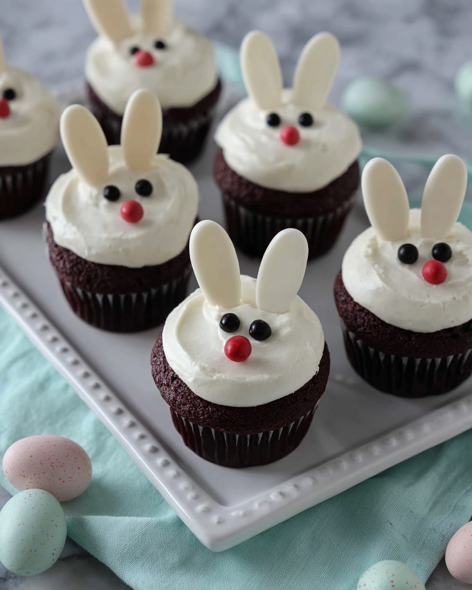 There are five dark brown cupcakes on a white marbled surface, four of them on a white rectangular tray with small raised dots on the edges and one beside it. Each cupcake has a thick layer of smooth white frosting on top. Two white oval-shaped candy pieces are placed upright on each cupcake at the top to look like bunny ears. Two small round black candies are positioned close together near the middle for eyes, and a single red round candy is placed below them to form a nose. The surface underneath the tray has a white marbled texture, and there are some pastel-colored speckled eggs in the corner. Photo taken with an iphone --ar 4:5 --v 7