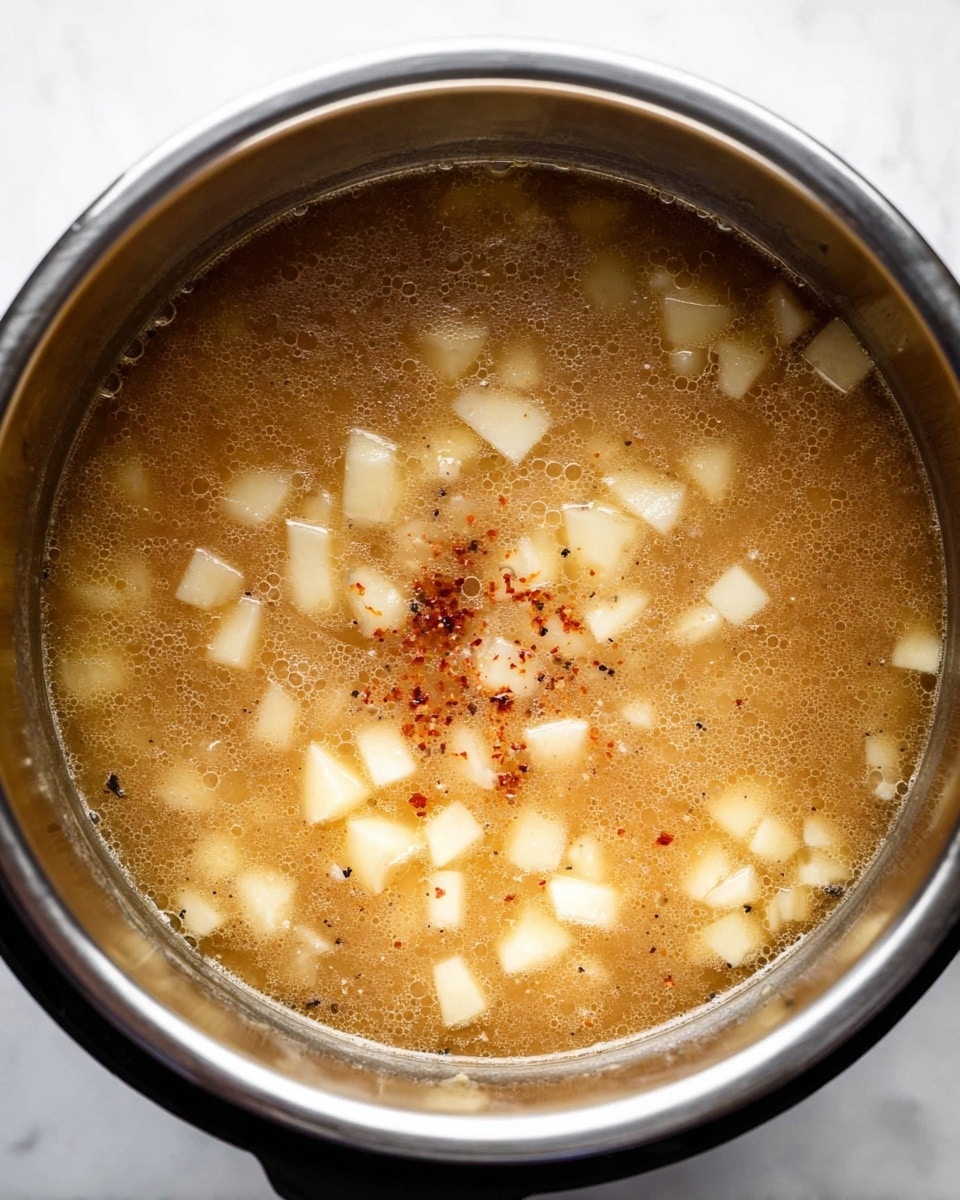 The image shows a stainless steel pot filled with a clear, light brown broth that has small, white diced pieces floating throughout, likely potatoes. There are small bits of reddish seasoning scattered on top, as well as some black pepper specks. The pot is set against a white marbled surface. The broth looks lightly bubbling, with a smooth texture and small bubbles forming at the edges. photo taken with an iphone --ar 4:5 --v 7
