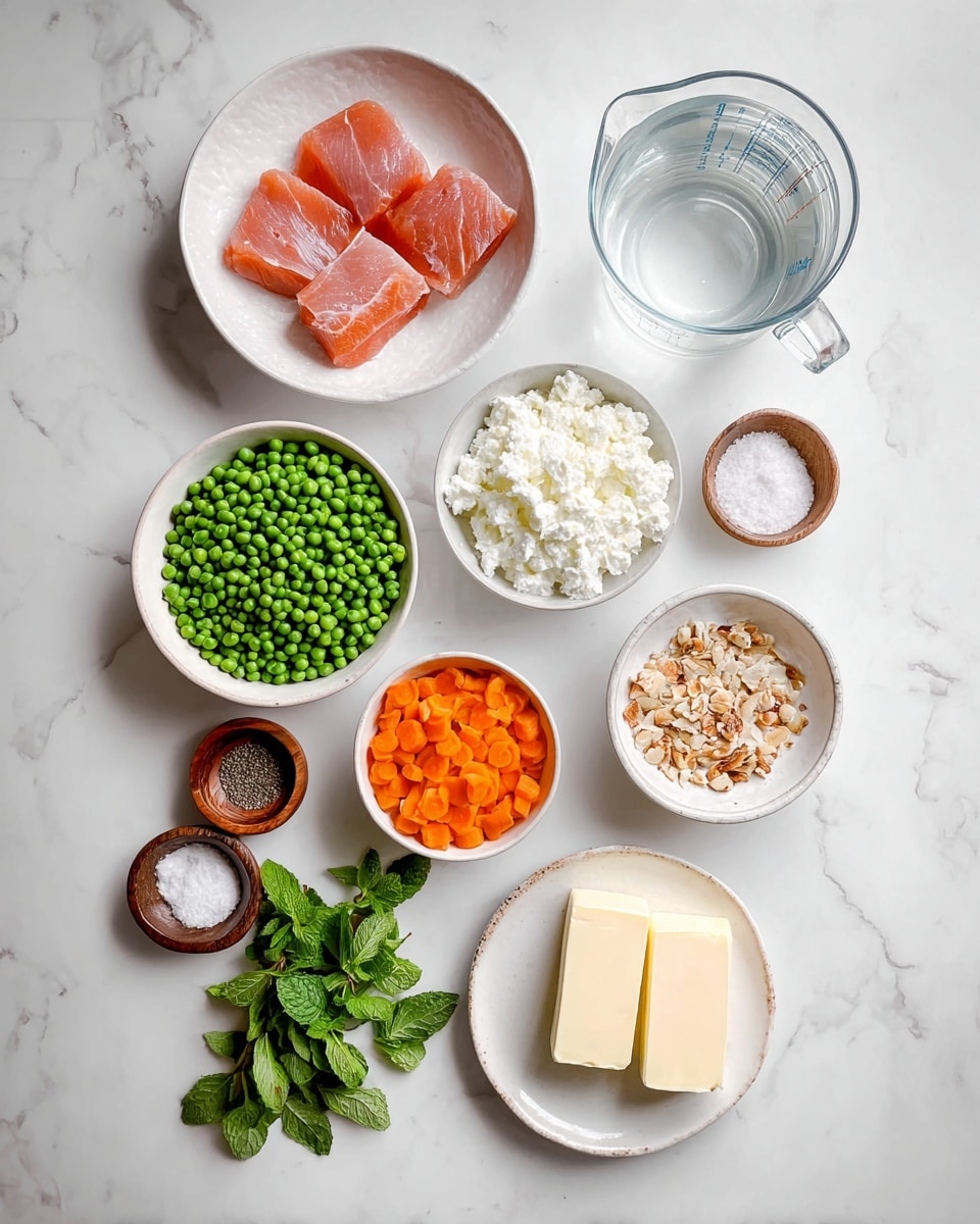 The image shows several cooking ingredients arranged neatly on a white marbled surface. At the top left, there is a white bowl with four pieces of reddish-pink fish fillets. To the right of it, there's a clear glass measuring cup with water inside. Below the fish, there are five bowls in a scattered arrangement: a white bowl with chopped white onions, a white bowl filled with green peas, a white bowl with orange carrot slices, a white bowl with white cottage cheese, and a small white bowl with crushed brown nuts or seeds. At the bottom center, there is a small white plate with two sticks of butter. Finally, to the right of the bowls and butter, there is a bunch of fresh green mint leaves. Two small wooden bowls at the bottom left contain black pepper and white salt. The layout is clean, simple, and well-lit, showing the fresh colors and textures clearly. photo taken with an iphone --ar 4:5 --v 7