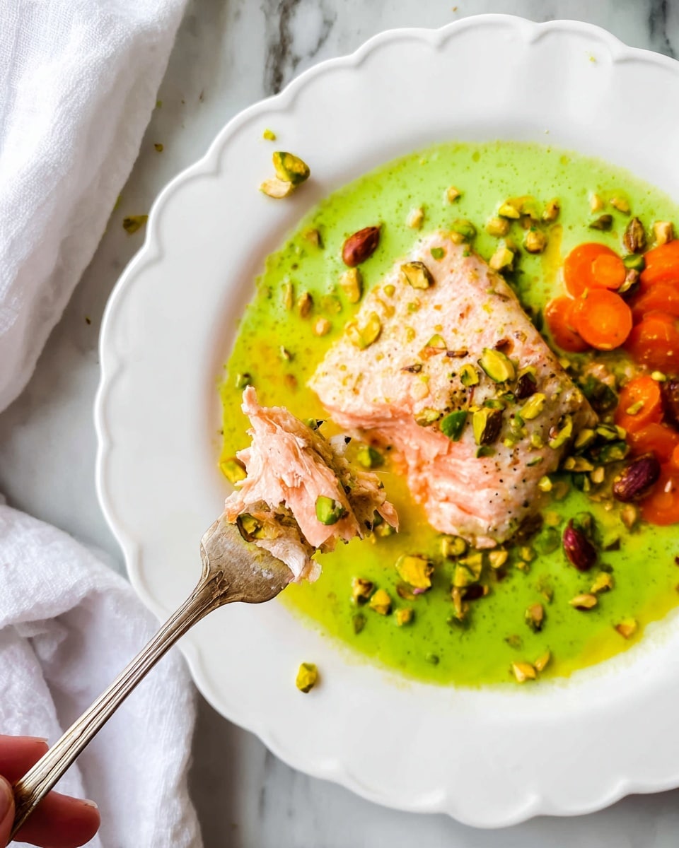 A white scalloped plate holds a pink piece of cooked salmon with a light sear on top, sitting on a bright green sauce spread under and around the fish. There are small chopped pistachio nuts scattered on the salmon and sauce, adding a rough, crunchy texture. On the right side, there are a few round cooked orange carrots partially covered by the sauce and nuts. A silver fork is holding a small piece of salmon dipped in the green sauce on the left side of the plate. The plate is placed on a white marbled surface with a white cloth napkin visible nearby. Photo taken with an iphone --ar 4:5 --v 7