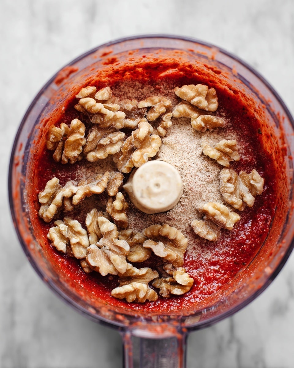 A clear round blender is filled about two-thirds with a bright red thick sauce at the bottom. On top of the sauce, there is a layer of pale ground powder and a handful of walnut halves spread unevenly across the surface, showing their rough, light brown texture. There is also a small round light beige disk partially covered by walnuts in the middle, dusted with some powder. The blender sits on a white marbled surface. photo taken with an iphone --ar 4:5 --v 7