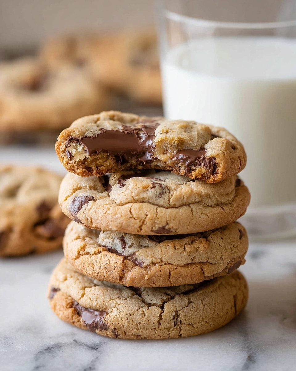 A stack of four light brown chocolate chip cookies sits on a white marbled surface, with the top cookie showing a bite taken out, revealing melted chocolate inside. The cookies have a cracked texture and visible chocolate chunks. In the background, there is a clear glass filled with milk and more cookies slightly blurred. The scene is softly lit and close up, focusing on the cookie stack. Photo taken with an iphone --ar 4:5 --v 7