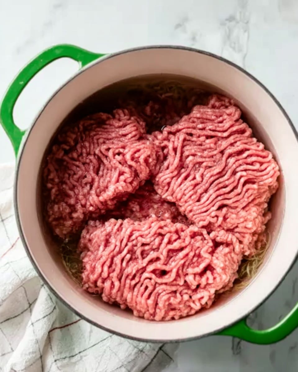 The image shows a white pot filled with water and several large blocks of raw ground meat floating inside. The meat is light red and has a coarse texture with visible ridges and creases. The pot has green handles on each side, and it sits on a white marbled surface with a light checkered cloth partially visible underneath. The scene is brightly lit with soft natural light, emphasizing the wet texture of the meat and the clean look of the pot. photo taken with an iphone --ar 4:5 --v 7