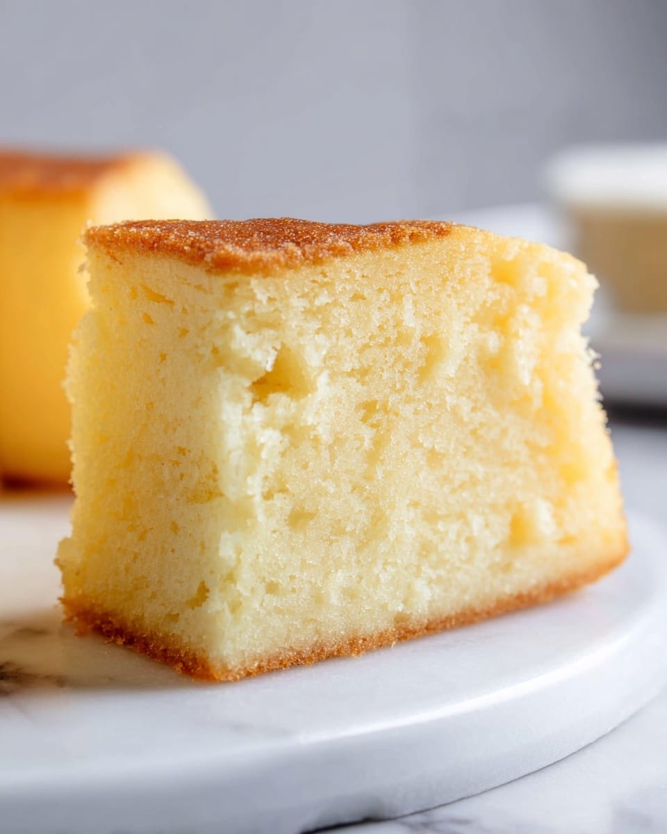A close-up view of a single piece of cake shows its soft, light yellow texture with a slightly uneven surface and small crumb details. The cake has four visible layers: the top layer is golden brown with a mild crust; underneath is a thick light yellow moist section; the next layer is similar in texture but slightly denser; the bottom edge shows a thin golden-brown base. It sits on a clean white surface with a white marbled texture in the background. The photo taken with an iphone --ar 4:5 --v 7