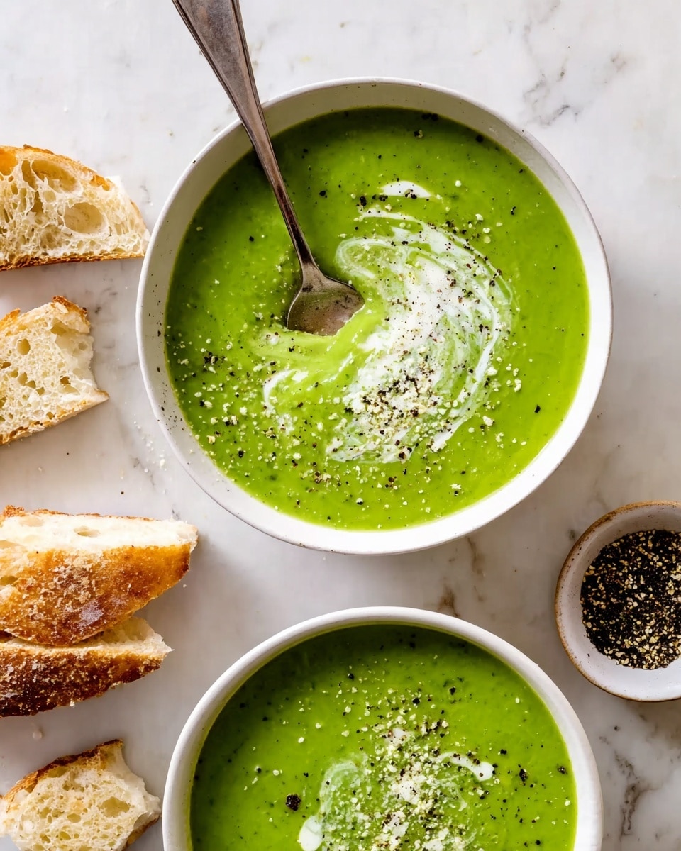 Two white bowls hold green soup with a smooth texture, each topped with a swirl of white cream and sprinkled with black pepper. One bowl has a silver spoon resting inside with some soup on it. To the left, there are pieces of torn light brown bread. In the lower right corner, a small white bowl contains black pepper. All items are on a white marbled surface. photo taken with an iphone --ar 4:5 --v 7